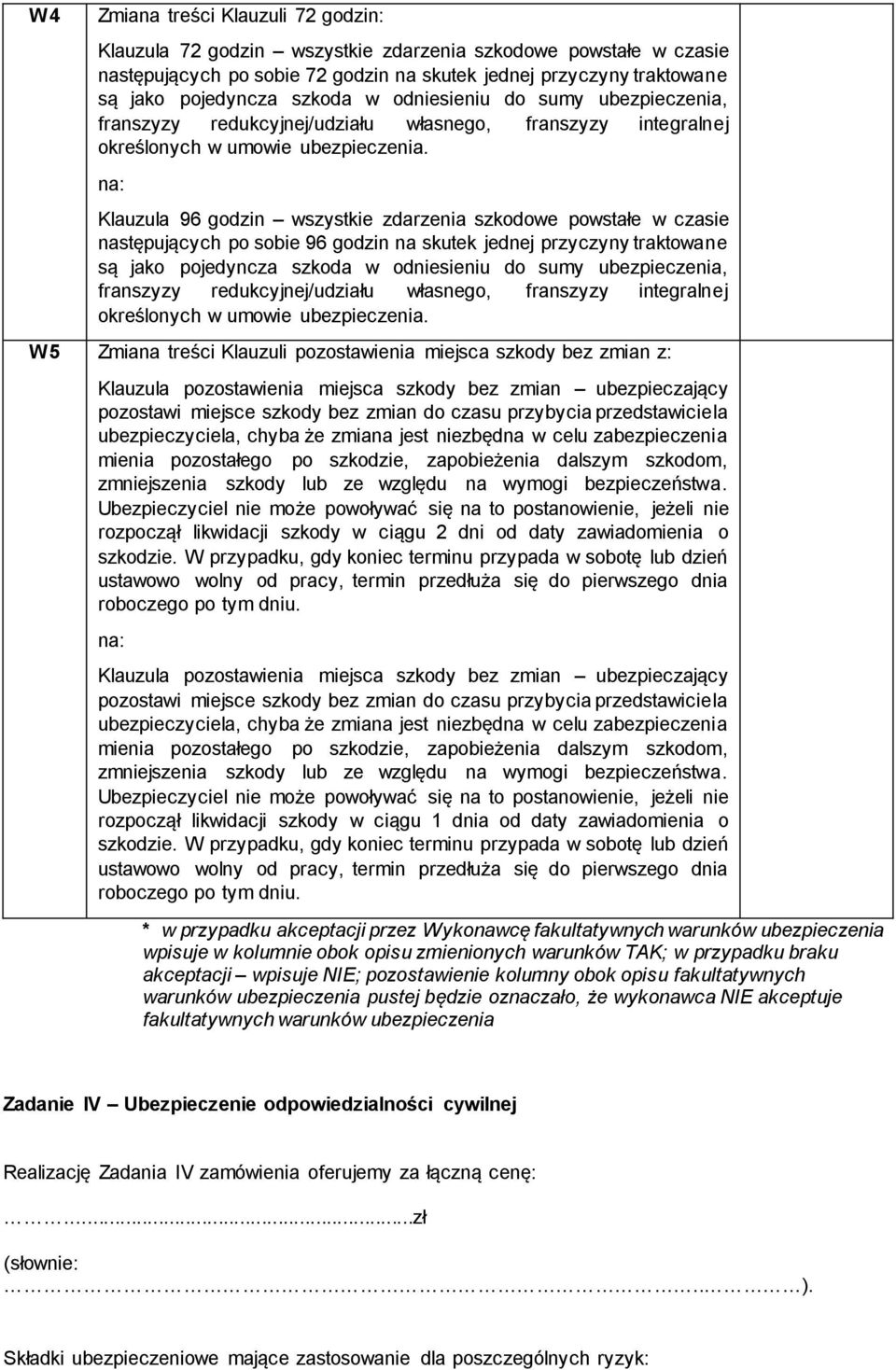 na: Klauzula 96 godzin wszystkie zdarzenia szkodowe powstałe w czasie następujących po sobie 96 godzin na skutek jednej przyczyny traktowane są jako pojedyncza szkoda  W5 Zmiana treści Klauzuli