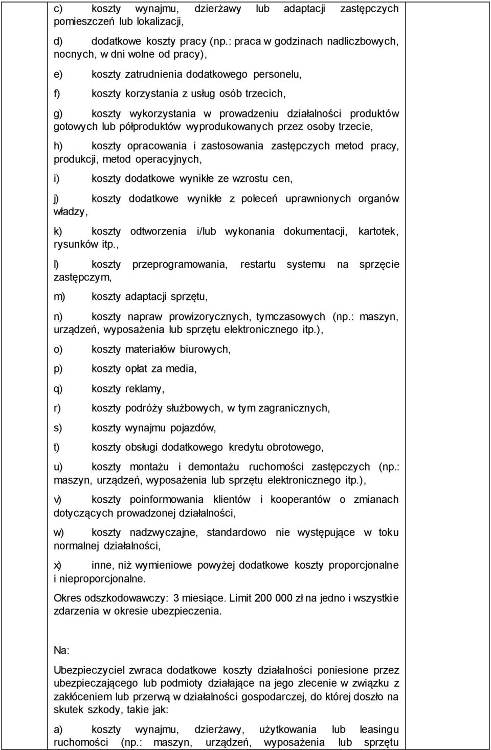 działalności produktów gotowych lub półproduktów wyprodukowanych przez osoby trzecie, h) koszty opracowania i zastosowania zastępczych metod pracy, produkcji, metod operacyjnych, i) koszty dodatkowe