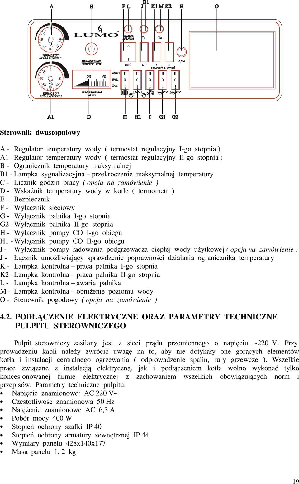 zamówienie ) D - Wskaźnik temperatury wody w kotle ( termometr ) E - Bezpiecznik F - Wyłącznik sieciowy G - Wyłącznik palnika I-go stopnia G2 - Wyłącznik palnika II-go stopnia H - Wyłącznik pompy CO