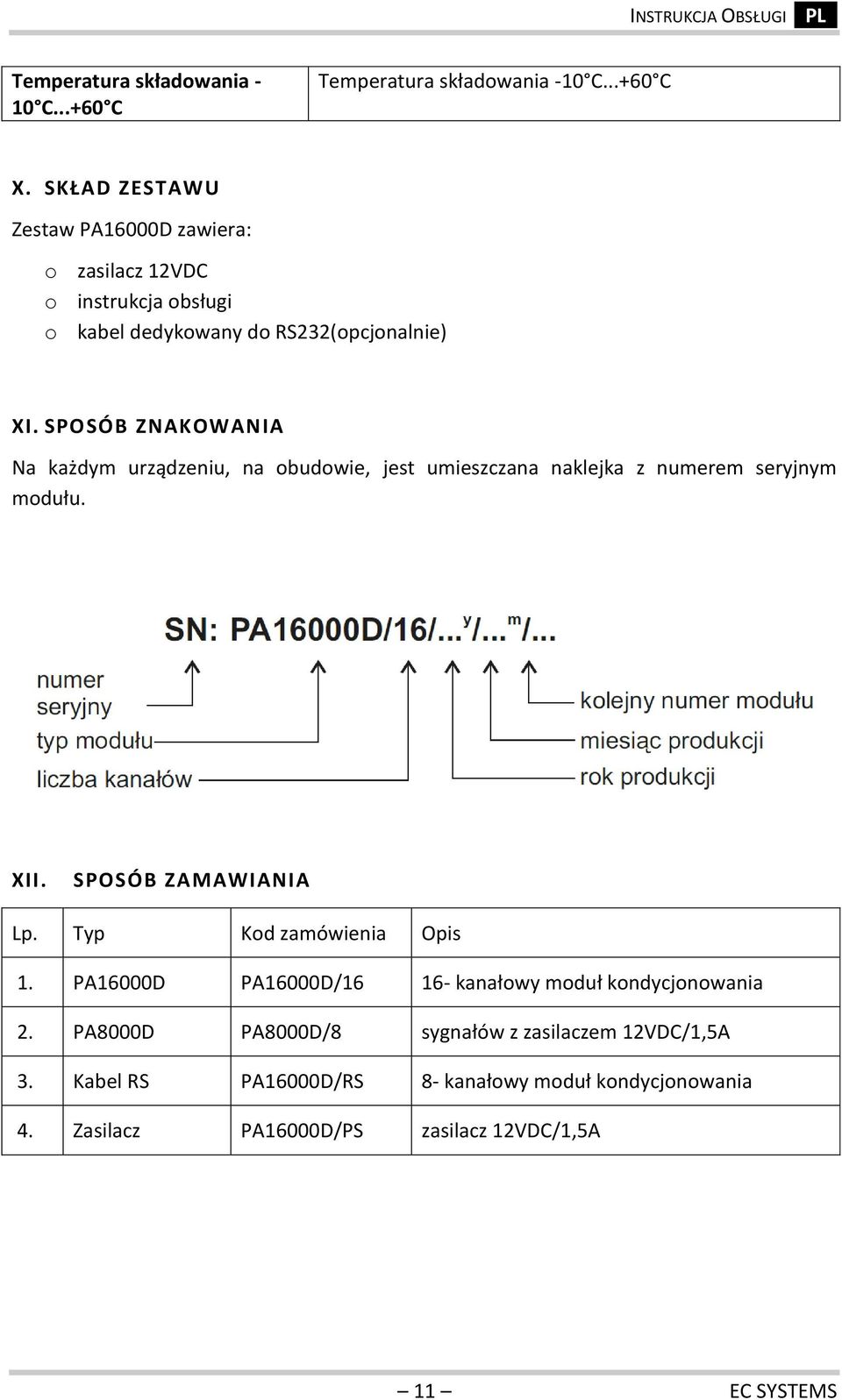 SPOSÓB ZNAKOWANIA Na każdym urządzeniu, na obudowie, jest umieszczana naklejka z numerem seryjnym modułu. XII. SPOSÓB ZAMAWIANIA Lp.