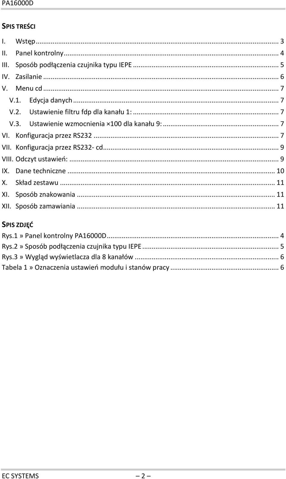 Odczyt ustawień:... 9 IX. Dane techniczne... 10 X. Skład zestawu... 11 XI. Sposób znakowania... 11 XII. Sposób zamawiania... 11 SPIS ZDJĘĆ Rys.1» Panel kontrolny PA16000D.