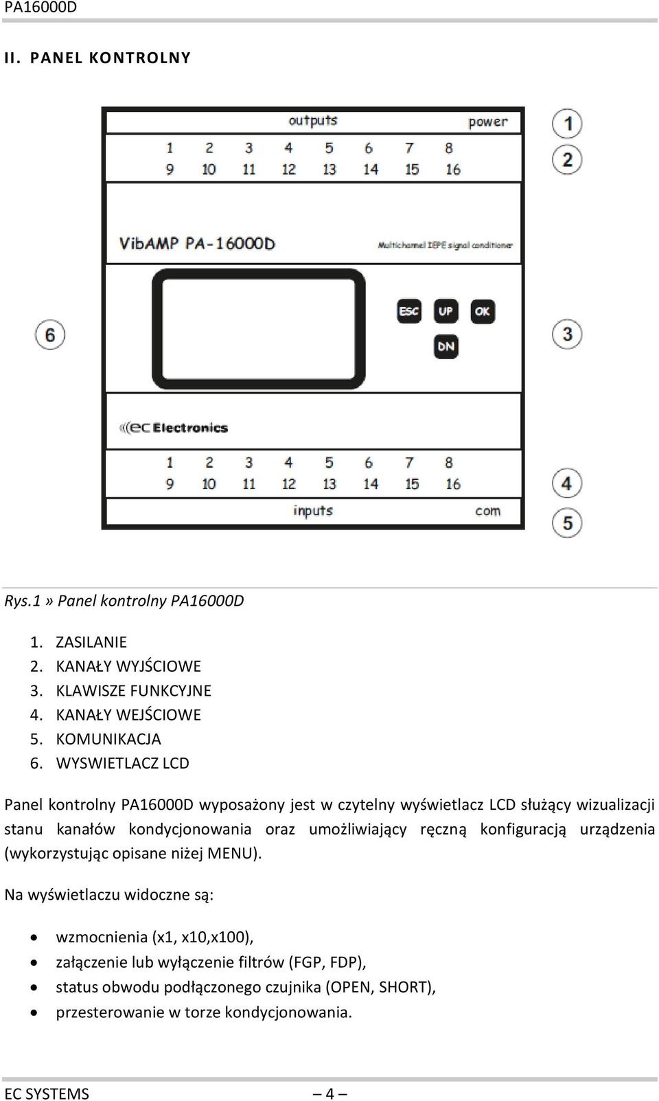 WYSWIETLACZ LCD Panel kontrolny PA16000D wyposażony jest w czytelny wyświetlacz LCD służący wizualizacji stanu kanałów kondycjonowania oraz