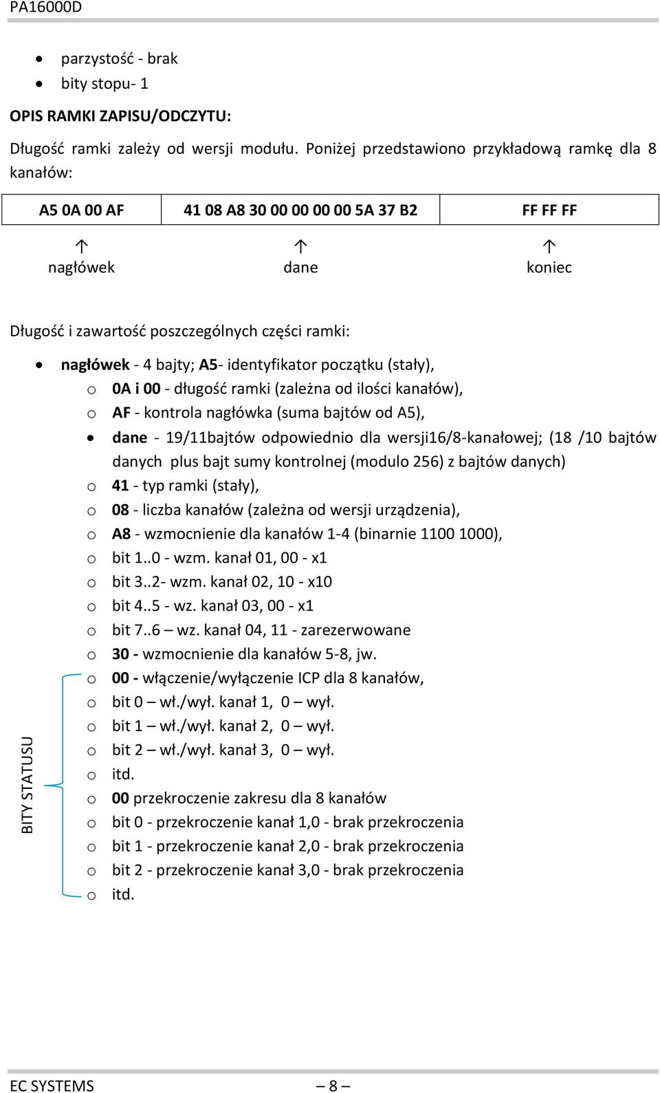 A5- identyfikator początku (stały), o 0A i 00 - długość ramki (zależna od ilości kanałów), o AF - kontrola nagłówka (suma bajtów od A5), dane - 19/11bajtów odpowiednio dla wersji16/8-kanałowej; (18