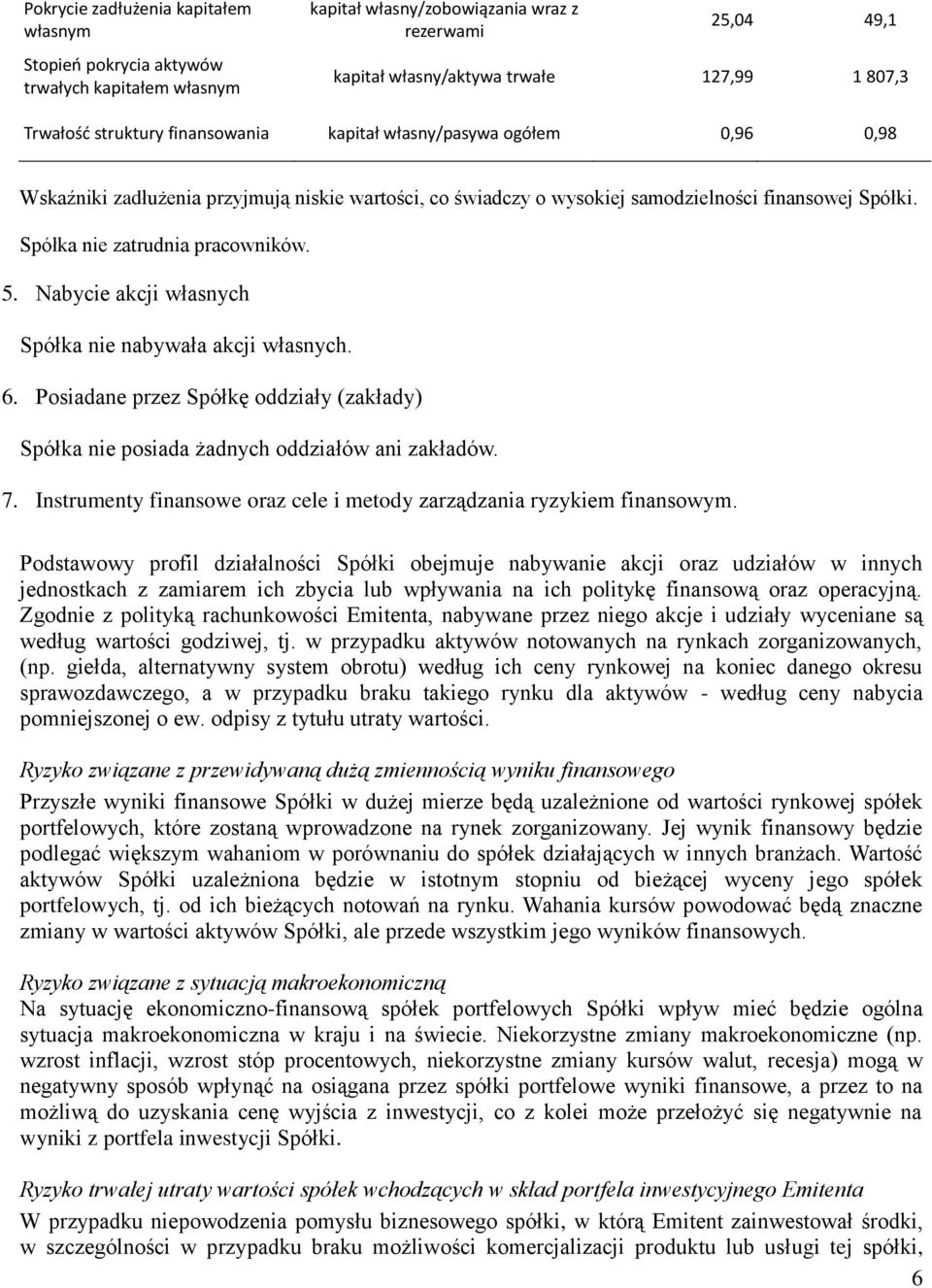 5. Nabycie akcji własnych Spółka nie nabywała akcji własnych. 6. Posiadane przez Spółkę oddziały (zakłady) Spółka nie posiada żadnych oddziałów ani zakładów. 7.