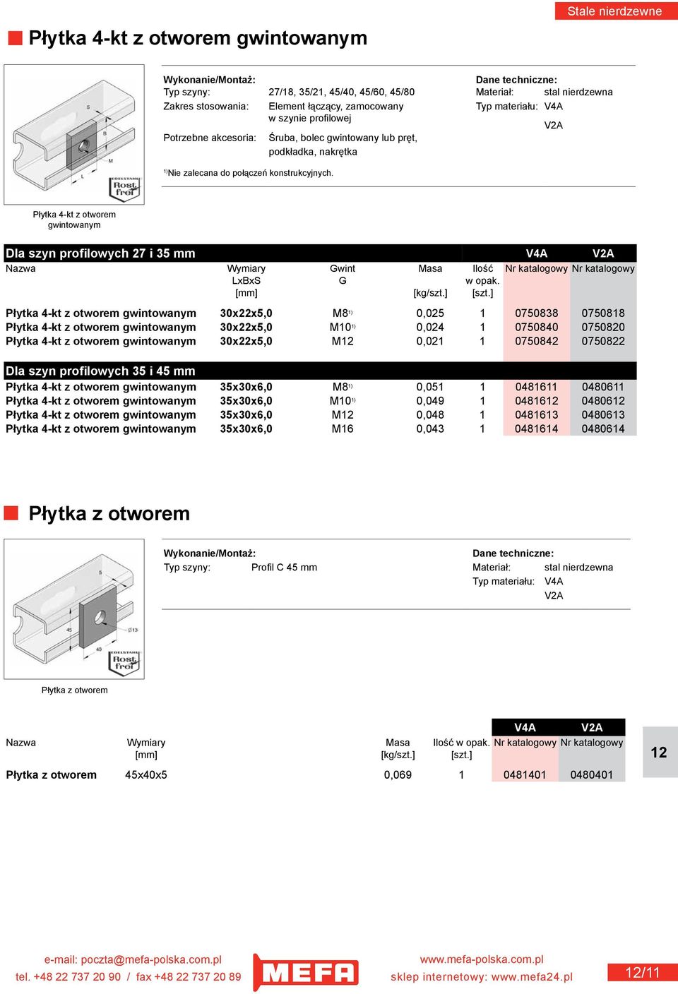 Płytka 4-kt z otworem gwintowanym Dla szyn profilowych 27 i 35 mm V4A Nazwa Wymiary Gwint Masa Ilość Nr katalogowy Nr katalogowy LxBxS G w opak. [mm] [kg/szt.] [szt.