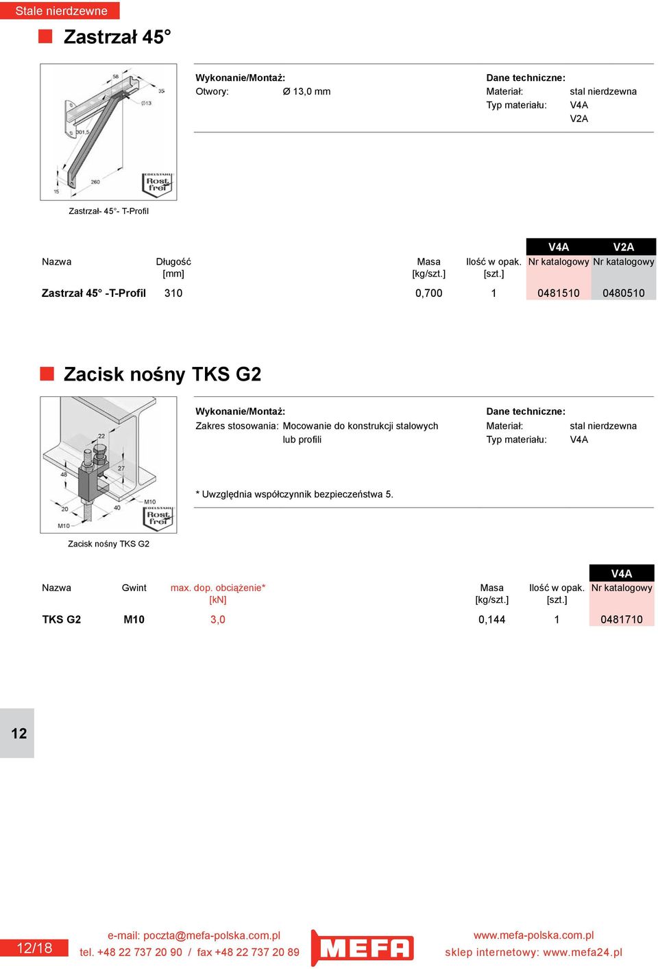 ] Zastrzał 45 -T-Profil 310 0,700 1 0481510 0480510 Zacisk nośny TKS G2 Zakres stosowania: Mocowanie do konstrukcji stalowych Materiał: