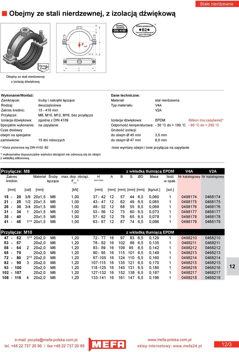 dźwiękowa: EPDM Silikon (na zapytanie)* Specjalne wykonanie: na zapytanie Odporność temperaturowa: - 30 C do + 100 C - 60 C do + 250 C Czas dostawy Grubość izolacji: obejm na specjalne do obejm Ø 45