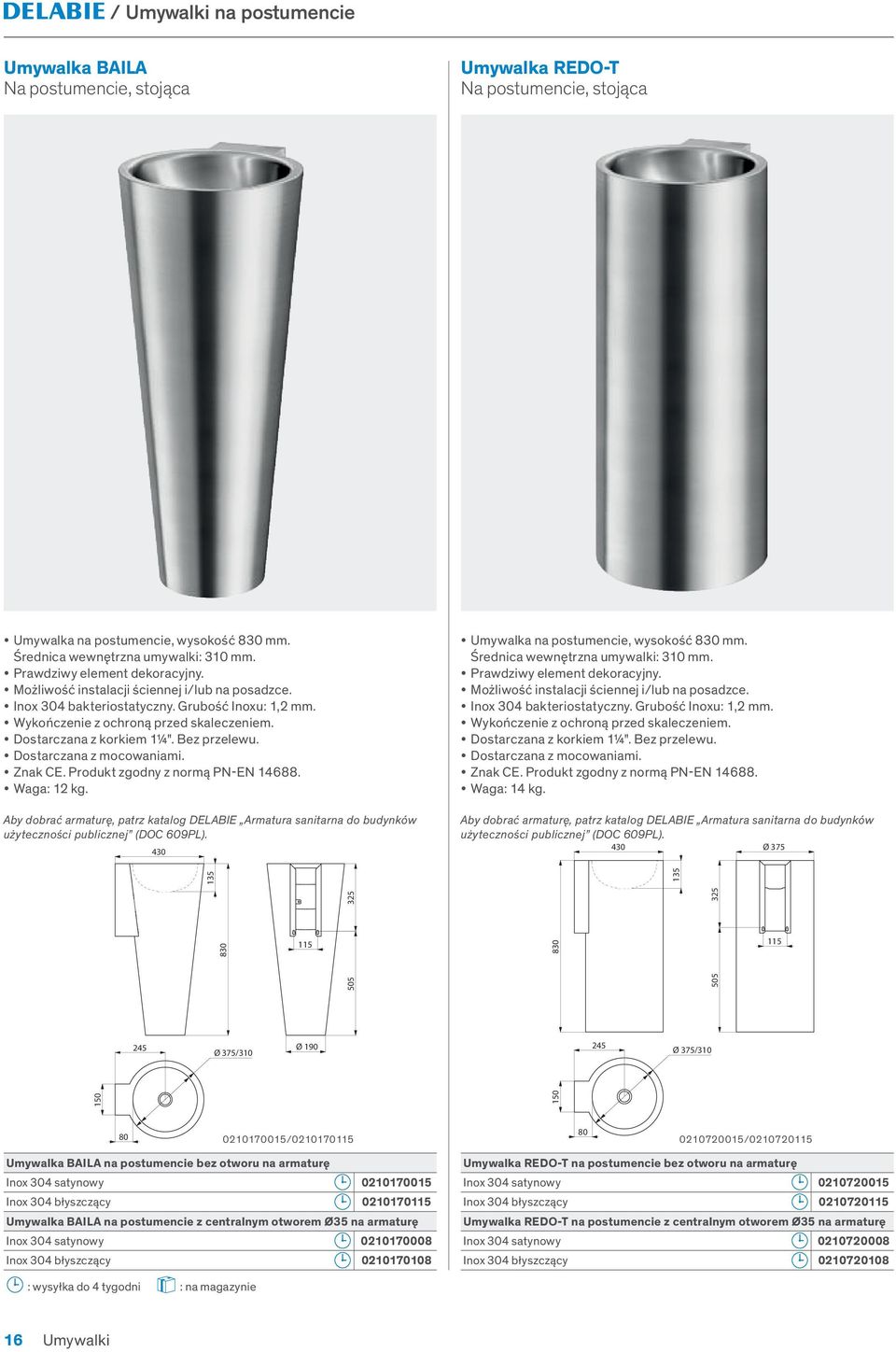 Dostarczana z mocowaniami. Znak CE. Produkt zgodny z normą PN-EN 14688. Waga: 12 kg. 430 Umywalka na postumencie, wysokość 830 mm. Średnica wewnętrzna umywalki: 310 mm.  Dostarczana z mocowaniami.