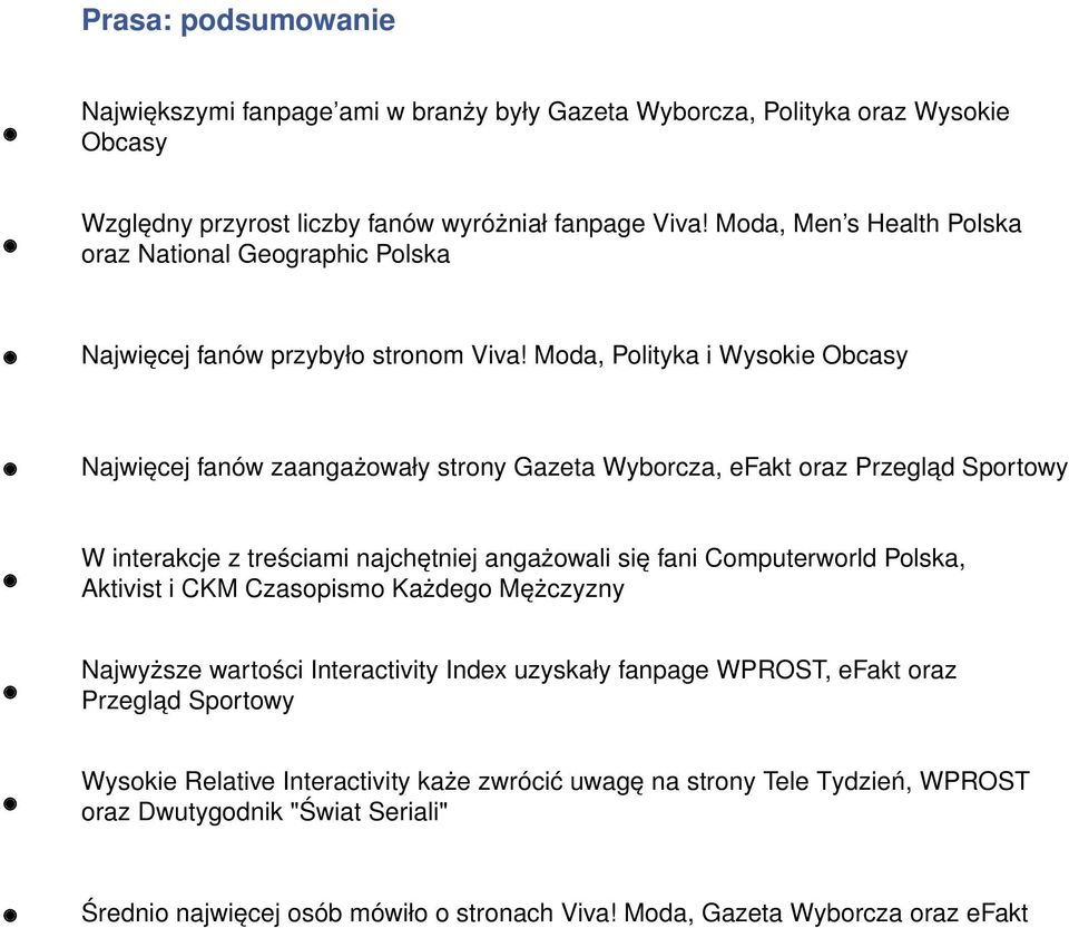 Moda, Polityka i Wysokie Obcasy Najwięcej fanów zaangażowały strony Gazeta Wyborcza, efakt oraz Przegląd Sportowy W interakcje z treściami najchętniej angażowali się fani Computerworld Polska,