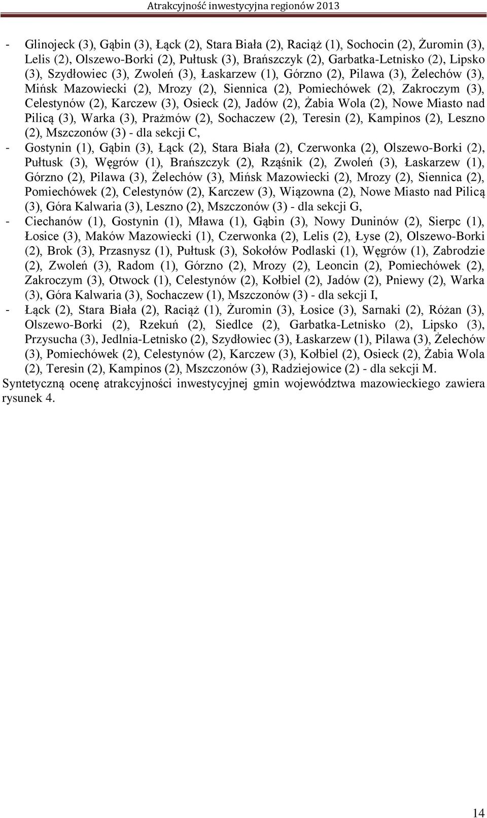 (2), Żabia Wola (2), Nowe Miasto nad Pilicą (3), Warka (3), Prażmów (2), Sochaczew (2), Teresin (2), Kampinos (2), Leszno (2), Mszczonów (3) - dla sekcji C, - Gostynin (1), Gąbin (3), Łąck (2), Stara