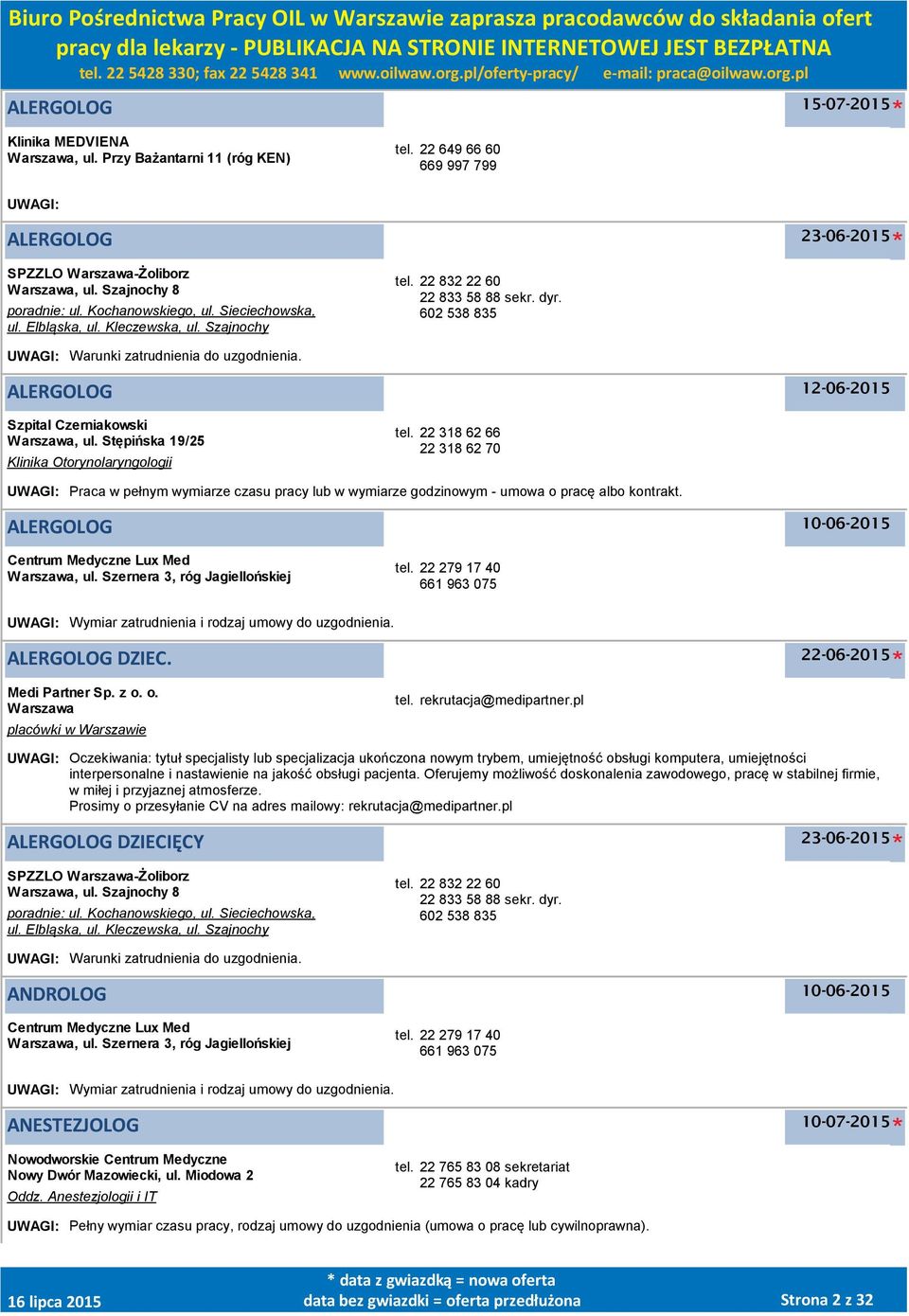 ALERGOLOG 12-06-2015 Szpital Czerniakowski, ul. Stępińska 19/25 Klinika Otorynolaryngologii tel.