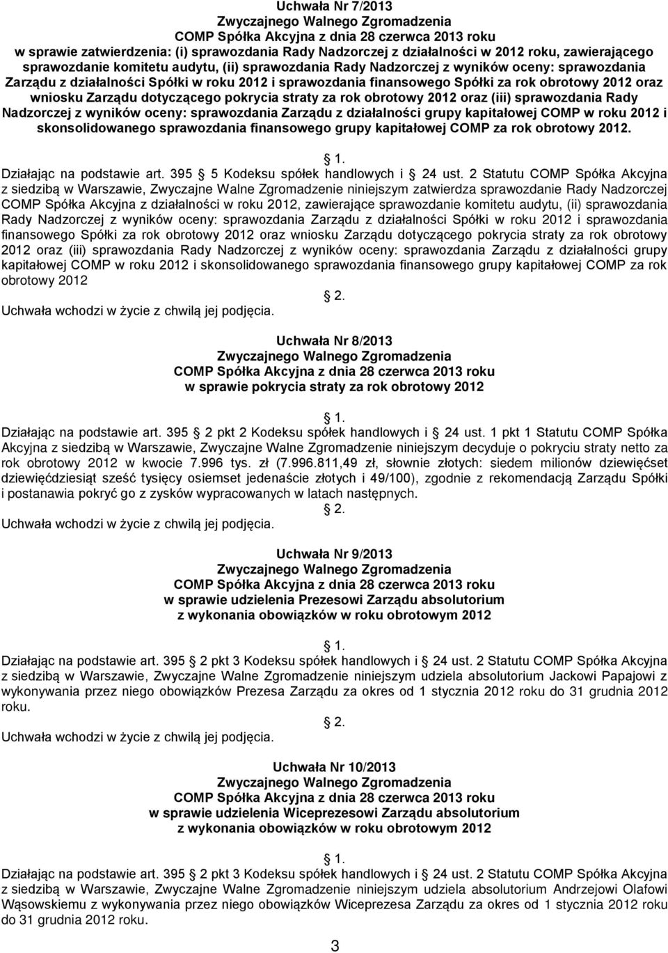 sprawozdania Rady Nadzorczej z wyników oceny: sprawozdania Zarządu z działalności grupy kapitałowej COMP w roku 2012 i skonsolidowanego sprawozdania finansowego grupy kapitałowej COMP za rok obrotowy