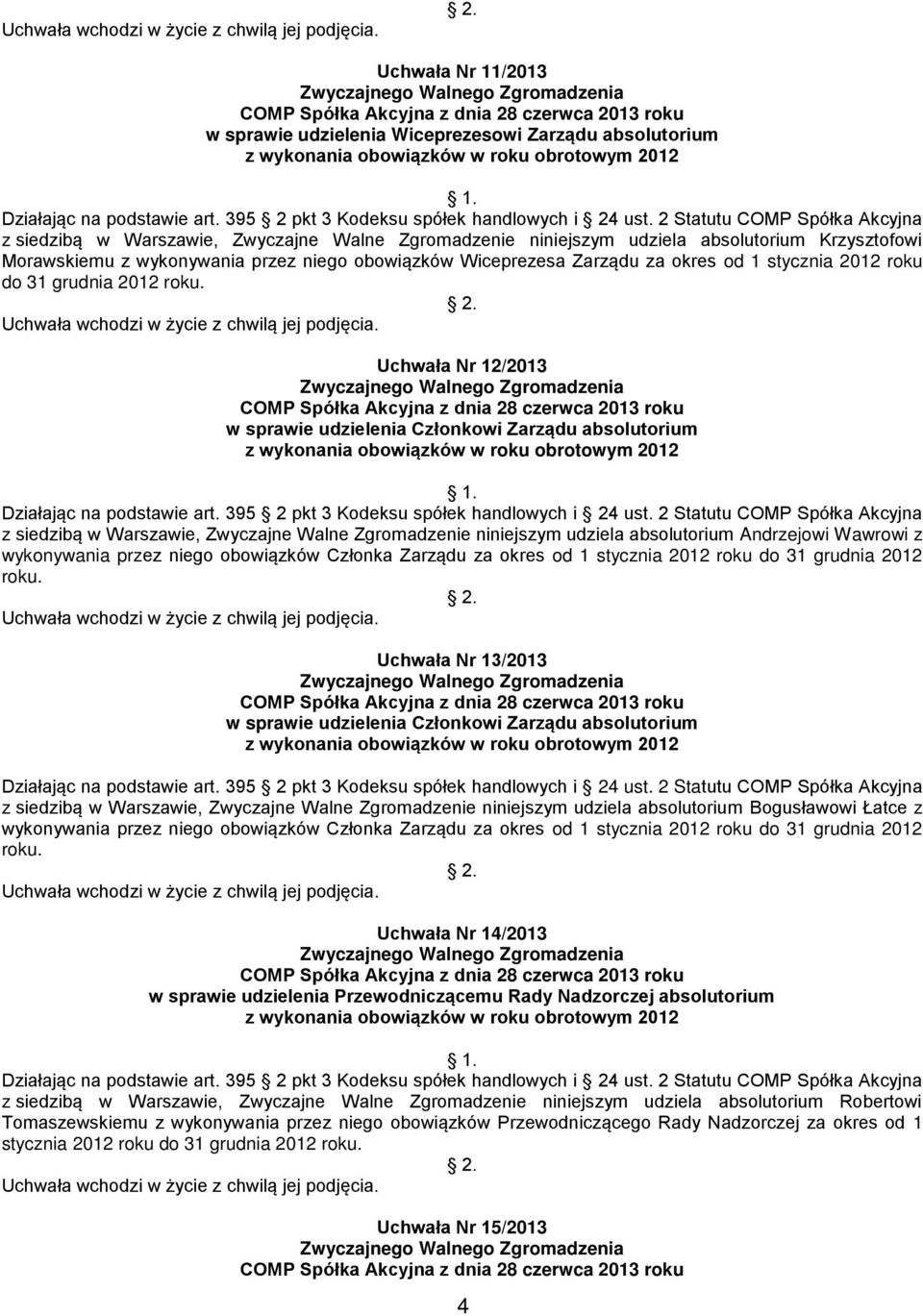 Uchwała Nr 12/2013 w sprawie udzielenia Członkowi Zarządu absolutorium z siedzibą w Warszawie, Zwyczajne Walne Zgromadzenie niniejszym udziela absolutorium Andrzejowi Wawrowi z wykonywania przez