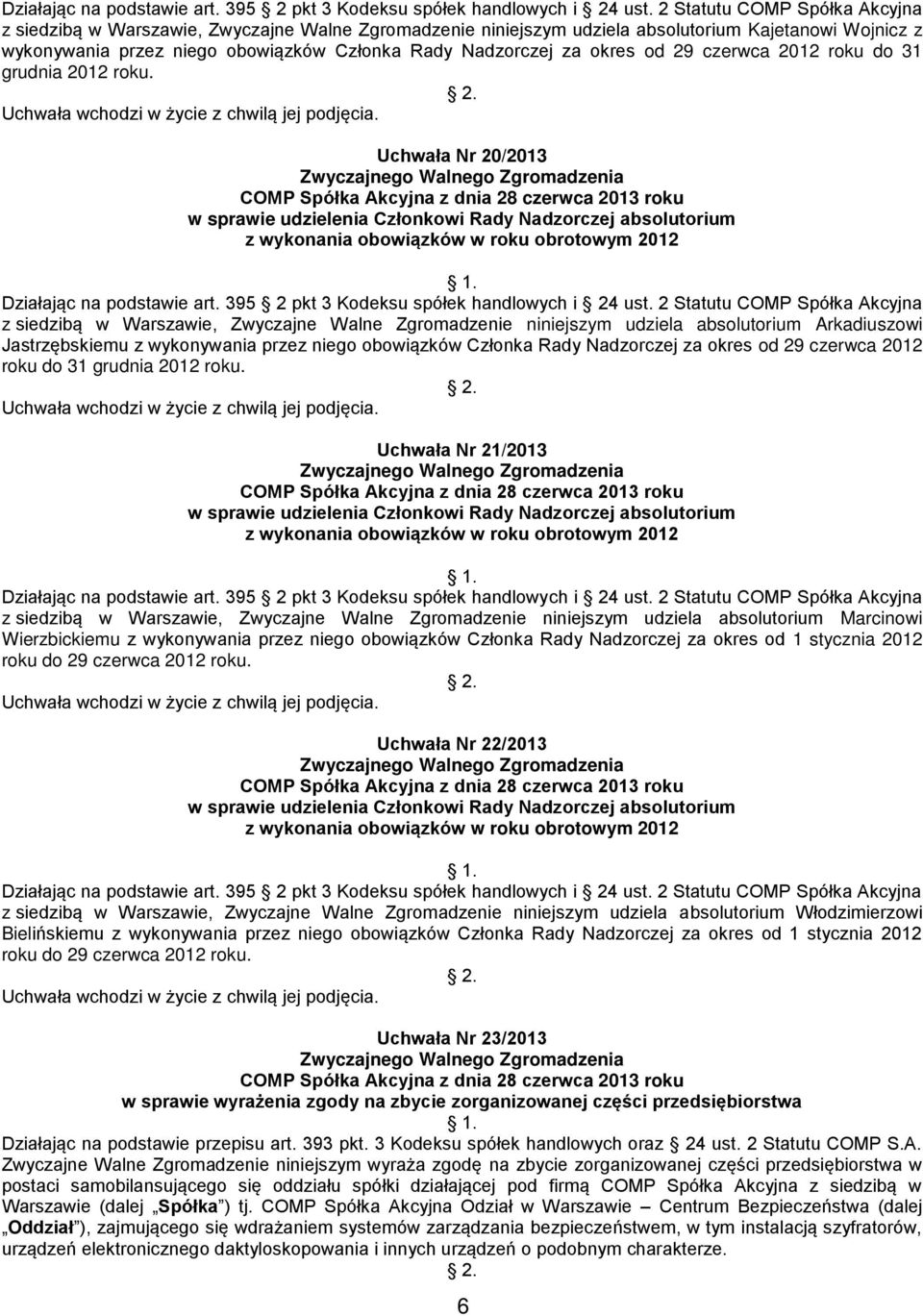 Uchwała Nr 20/2013 z siedzibą w Warszawie, Zwyczajne Walne Zgromadzenie niniejszym udziela absolutorium Arkadiuszowi Jastrzębskiemu z wykonywania przez niego obowiązków Członka Rady Nadzorczej za