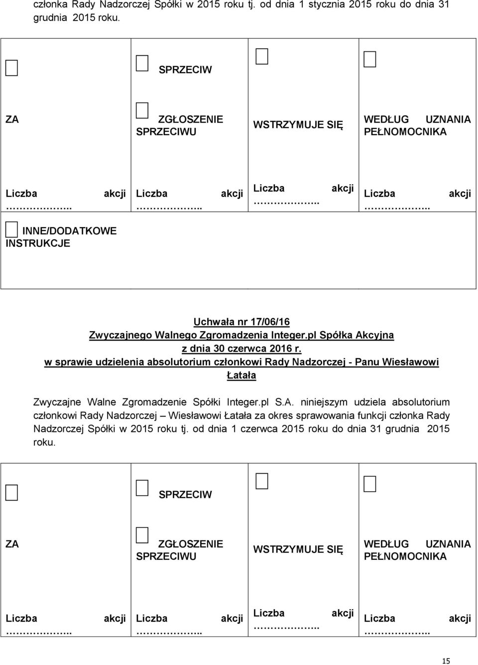 Uchwała nr 17/06/16 w sprawie udzielenia absolutorium członkowi Rady Nadzorczej - Panu Wiesławowi