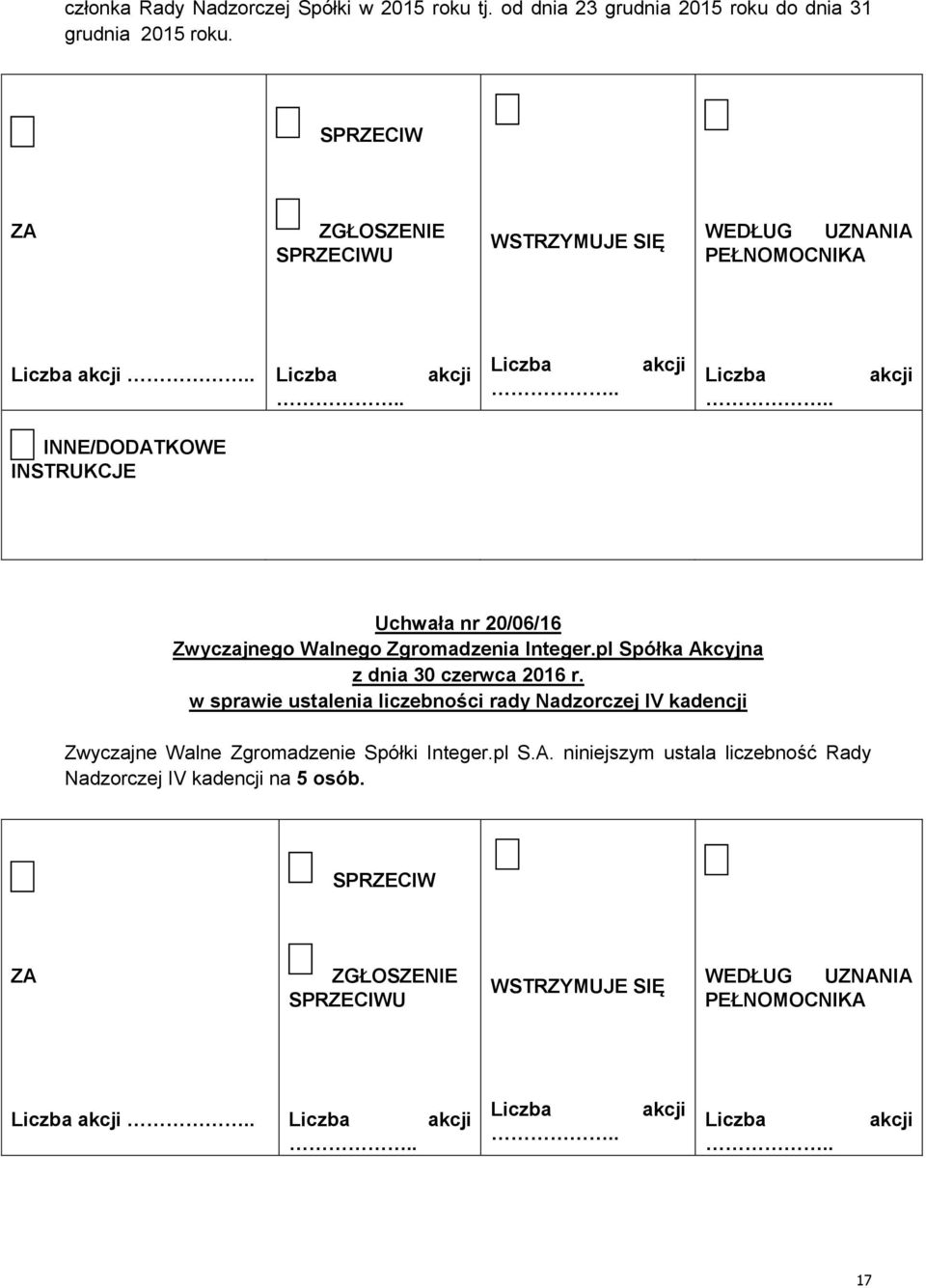 Uchwała nr 20/06/16 w sprawie ustalenia liczebności rady Nadzorczej IV