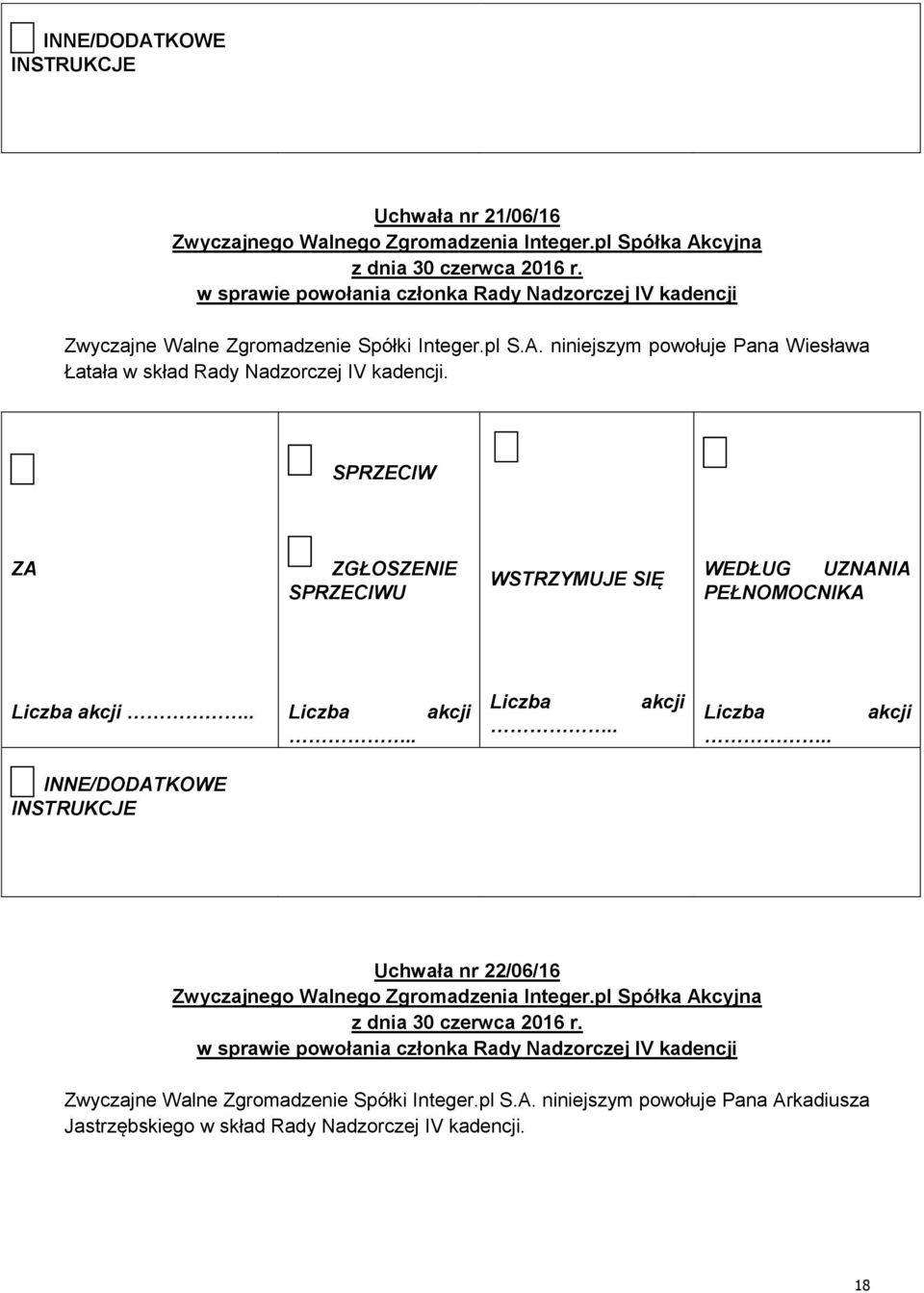 Uchwała nr 22/06/16 w sprawie powołania członka Rady Nadzorczej IV kadencji Zwyczajne Walne Zgromadzenie