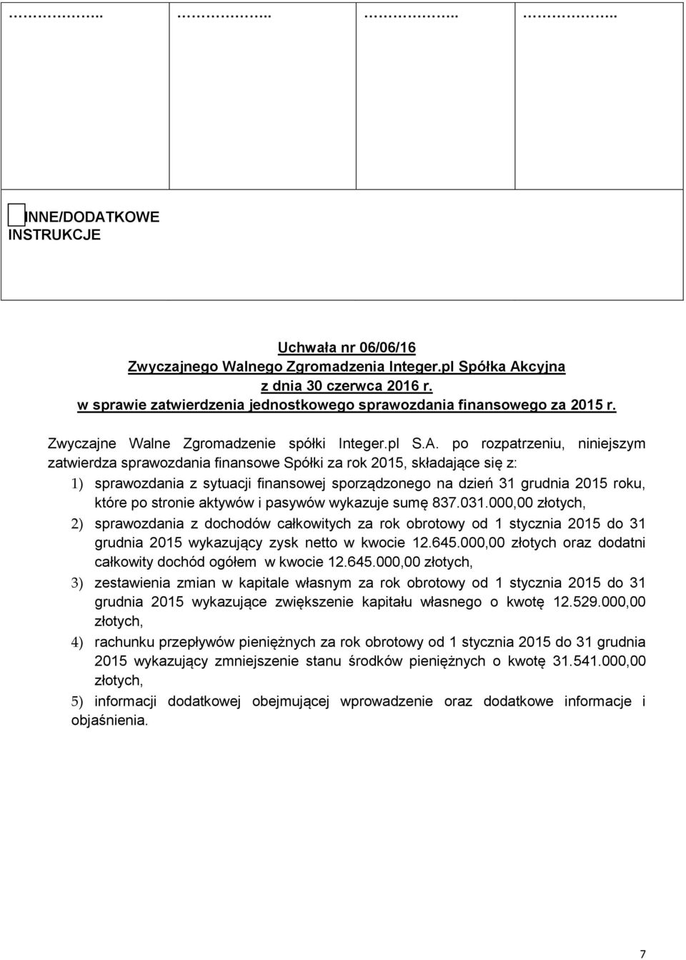 aktywów i pasywów wykazuje sumę 837.031.000,00 złotych, 2) sprawozdania z dochodów całkowitych za rok obrotowy od 1 stycznia 2015 do 31 grudnia 2015 wykazujący zysk netto w kwocie 12.645.