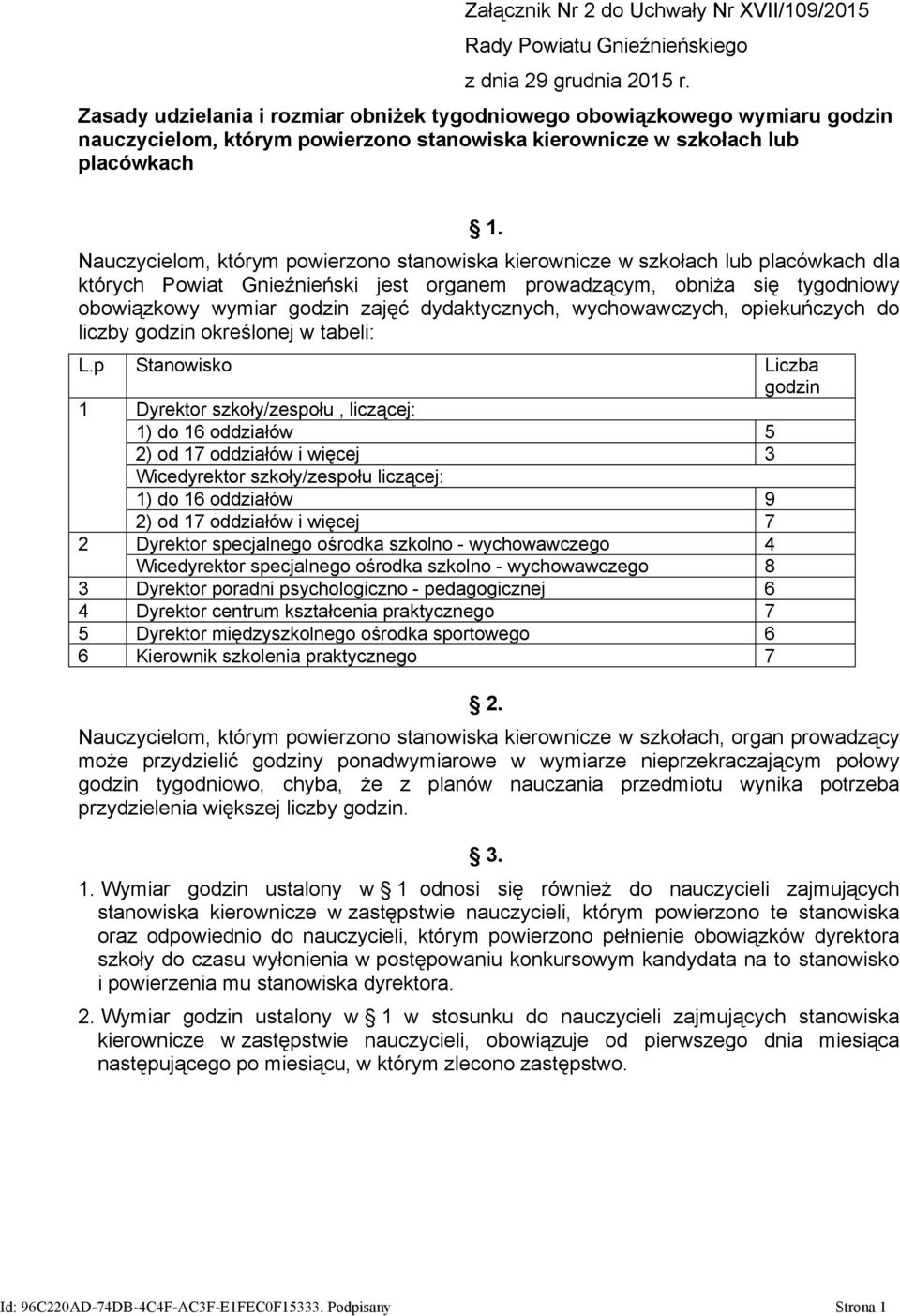 obowiązkowy wymiar godzin zajęć dydaktycznych, wychowawczych, opiekuńczych do liczby godzin określonej w tabeli: L.