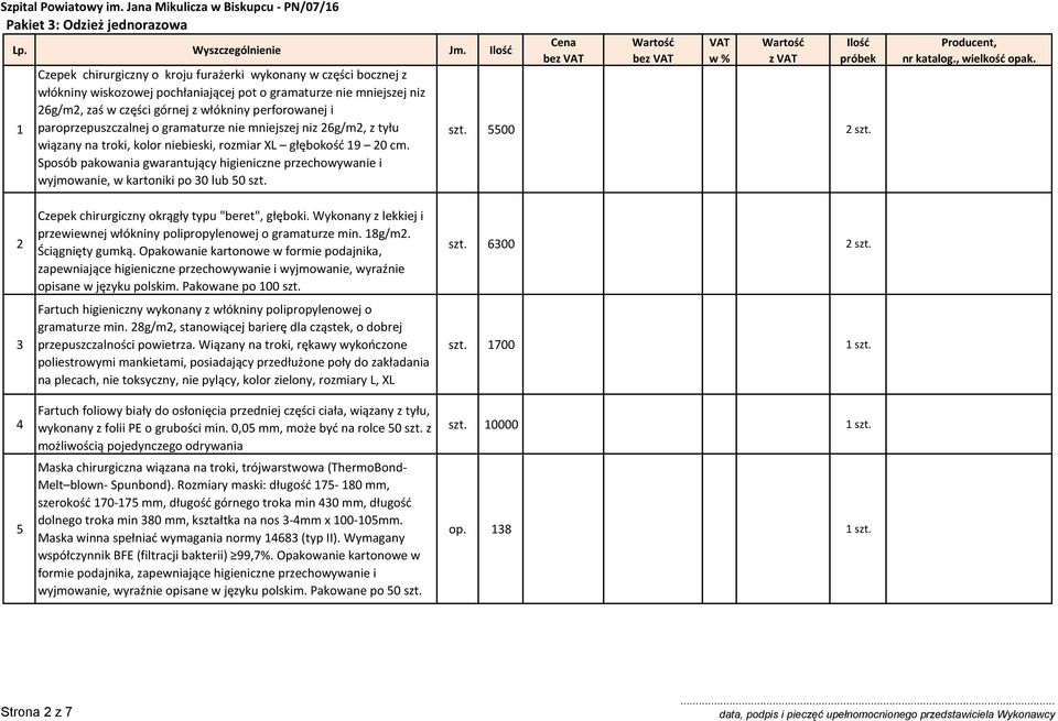 6g/m, zaś w części górnej z włókniny perforowanej i paroprzepuszczalnej o gramaturze nie mniejszej niz 6g/m, z tyłu wiązany na troki, kolor niebieski, rozmiar XL głębokość 9 0 cm.