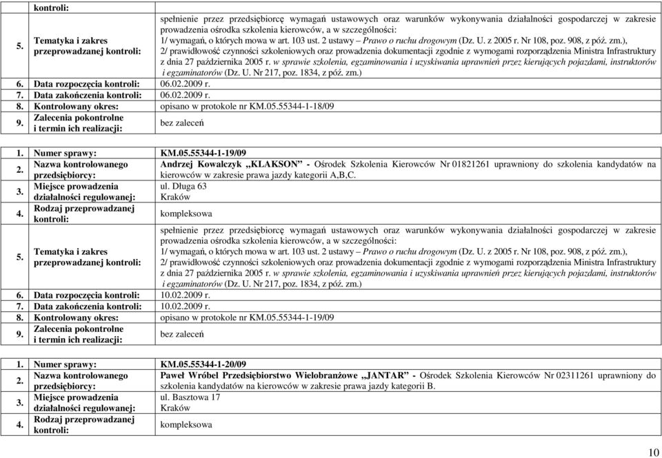 Miejsce prowadzenia ul. Długa 63 przeprowadzanej 6. Data rozpoczęcia 10.02009 r. 7. Data zakończenia 10.02009 r. 8. Kontrolowany okres: opisano w protokole nr KM.055344-1-19/09 1. Numer sprawy: KM.