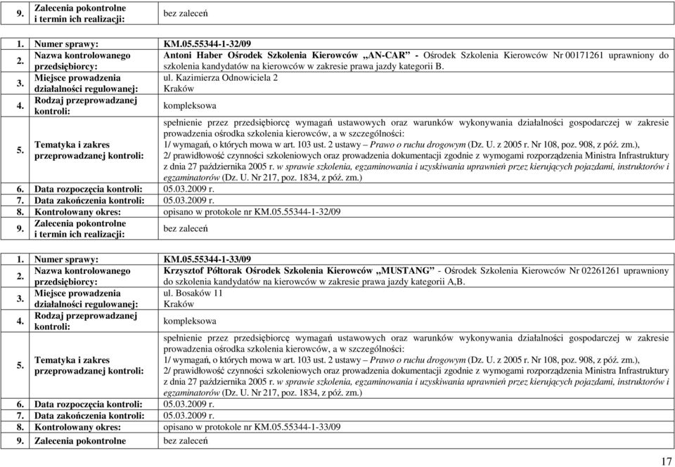 kategorii B. Miejsce prowadzenia ul. Kazimierza Odnowiciela 2 przeprowadzanej i egzaminatorów (Dz. U. Nr 217, poz. 1834, z póź. zm.) 6. Data rozpoczęcia 002009 r. 7. Data zakończenia 002009 r. 8.