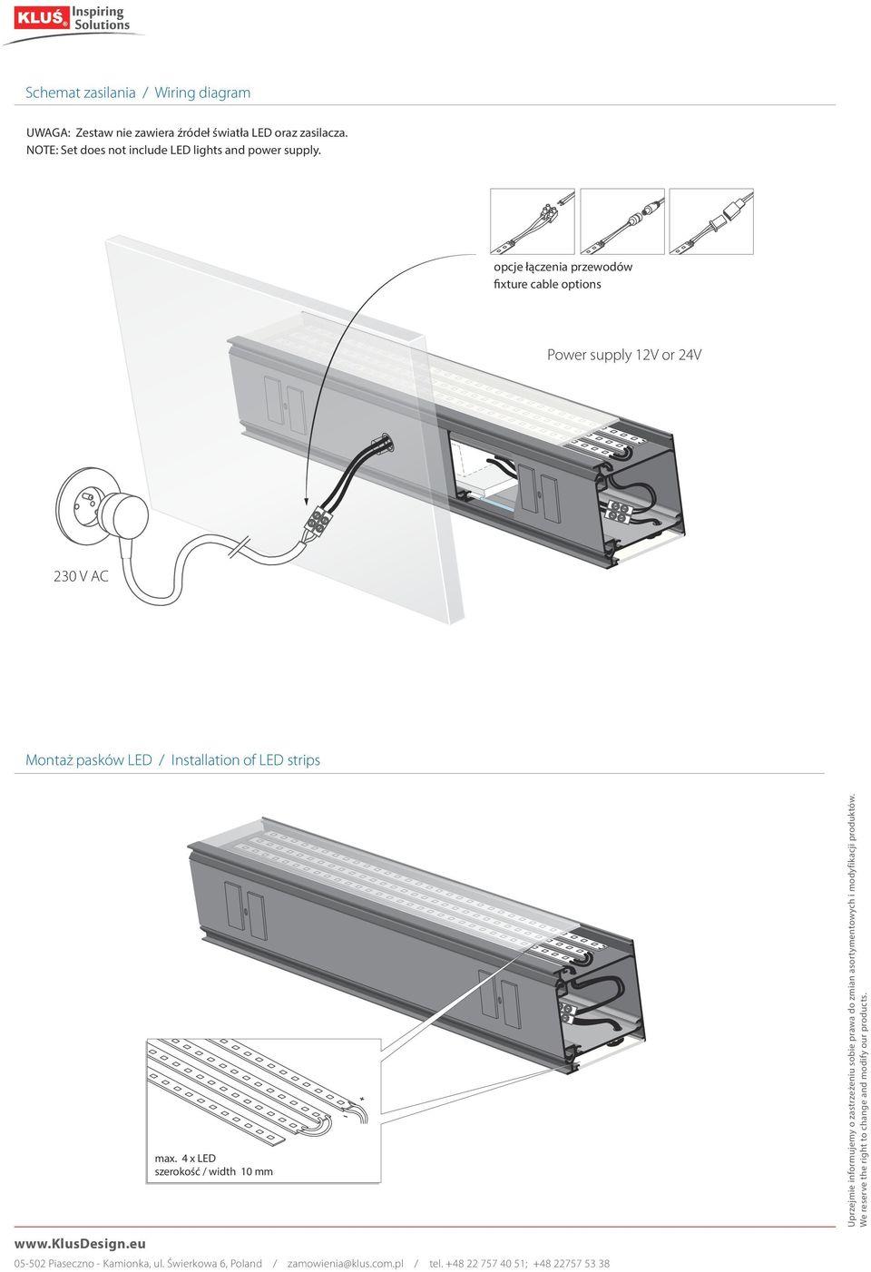 opcje łączenia przewodów fixture cable options Power supply 12V or 24V 230 V AC