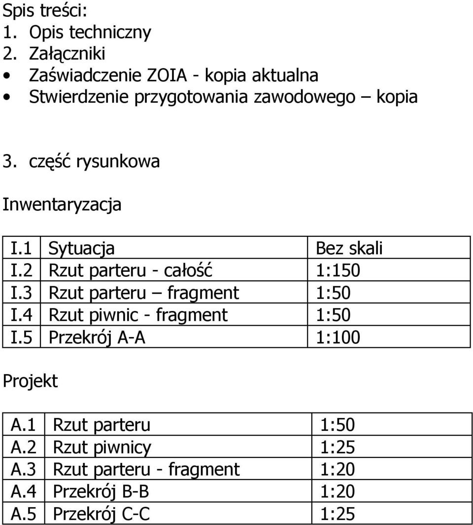 część rysunkowa Inwentaryzacja I.1 Sytuacja Bez skali I.2 Rzut parteru - całość 1:150 I.