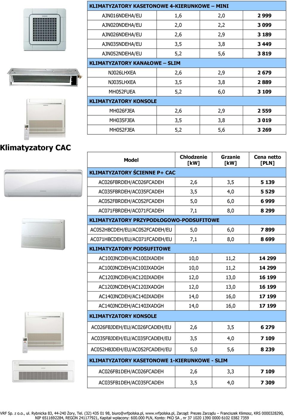 KLIMATYZATORY ŚCIENNE P+ CAC AC026FBRDEH/AC026FCADEH 2,6 3,5 5139 AC035FBRDEH/AC035FCADEH 3,5 4,0 5529 AC052FBRDEH/AC052FCADEH 5,0 6,0 6999 AC071FBRDEH/AC071FCADEH 7,1 8,0 8299 KLIMATYZATORY