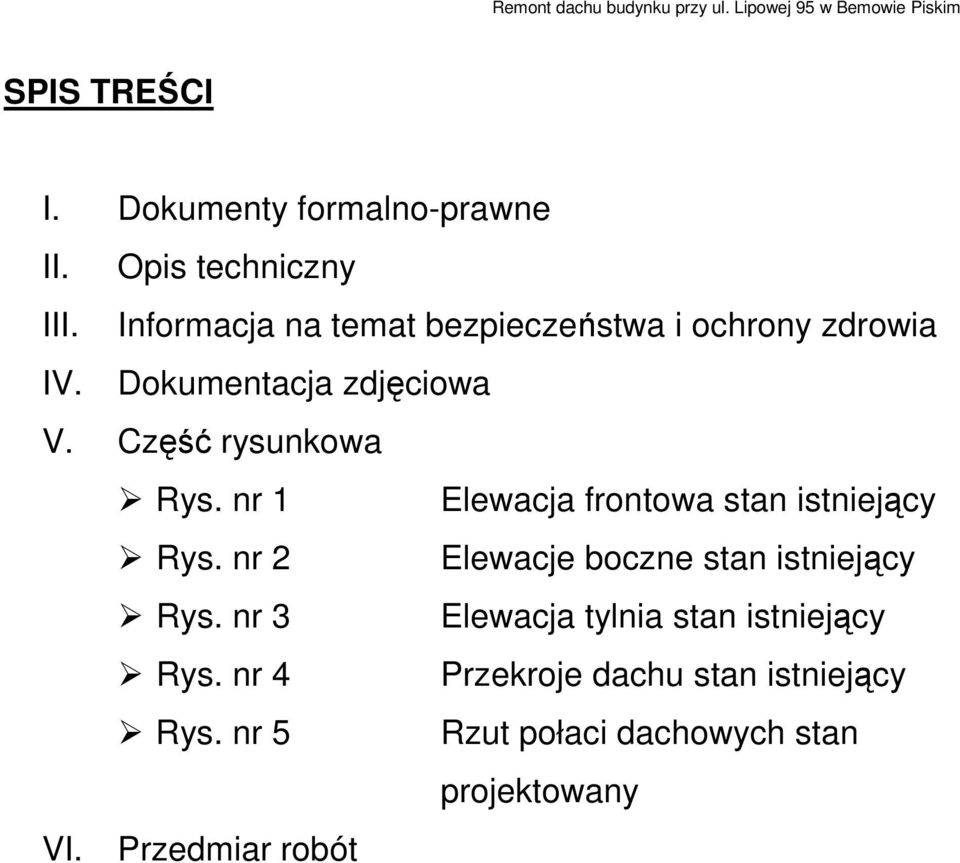 Część rysunkowa Rys. nr 1 Elewacja frontowa stan istniejący Rys. nr 2 Elewacje boczne stan istniejący Rys.