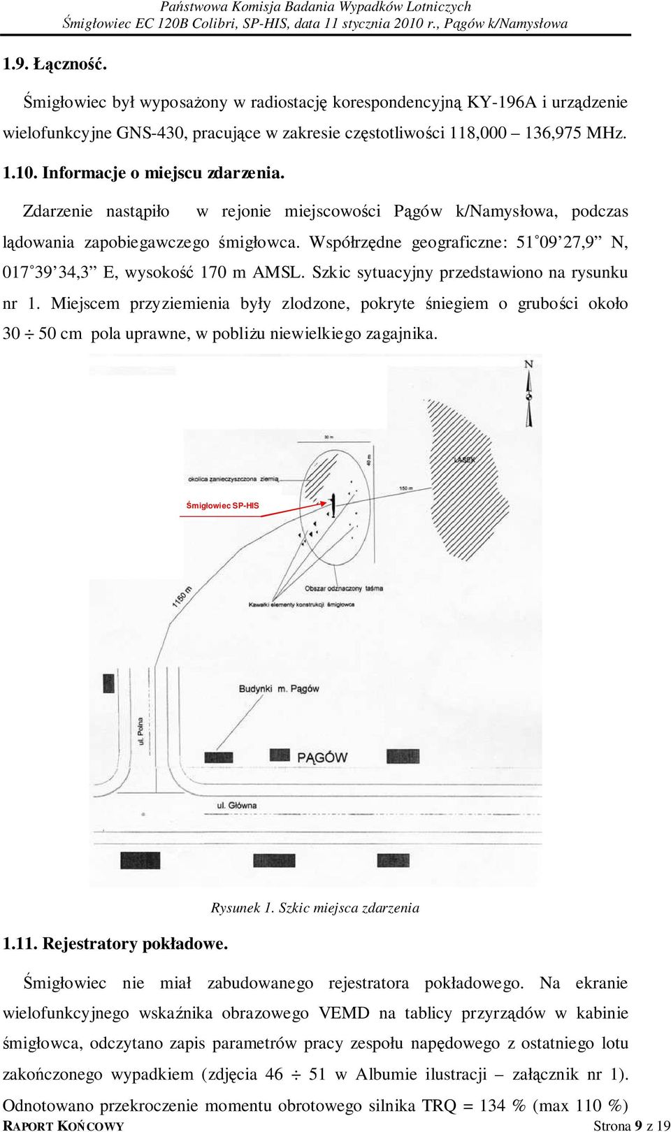 MHz. 1.10. Informacje o miejscu zdarzenia. Zdarzenie nastąpiło w rejonie miejscowości Pągów k/namysłowa, podczas lądowania zapobiegawczego śmigłowca.