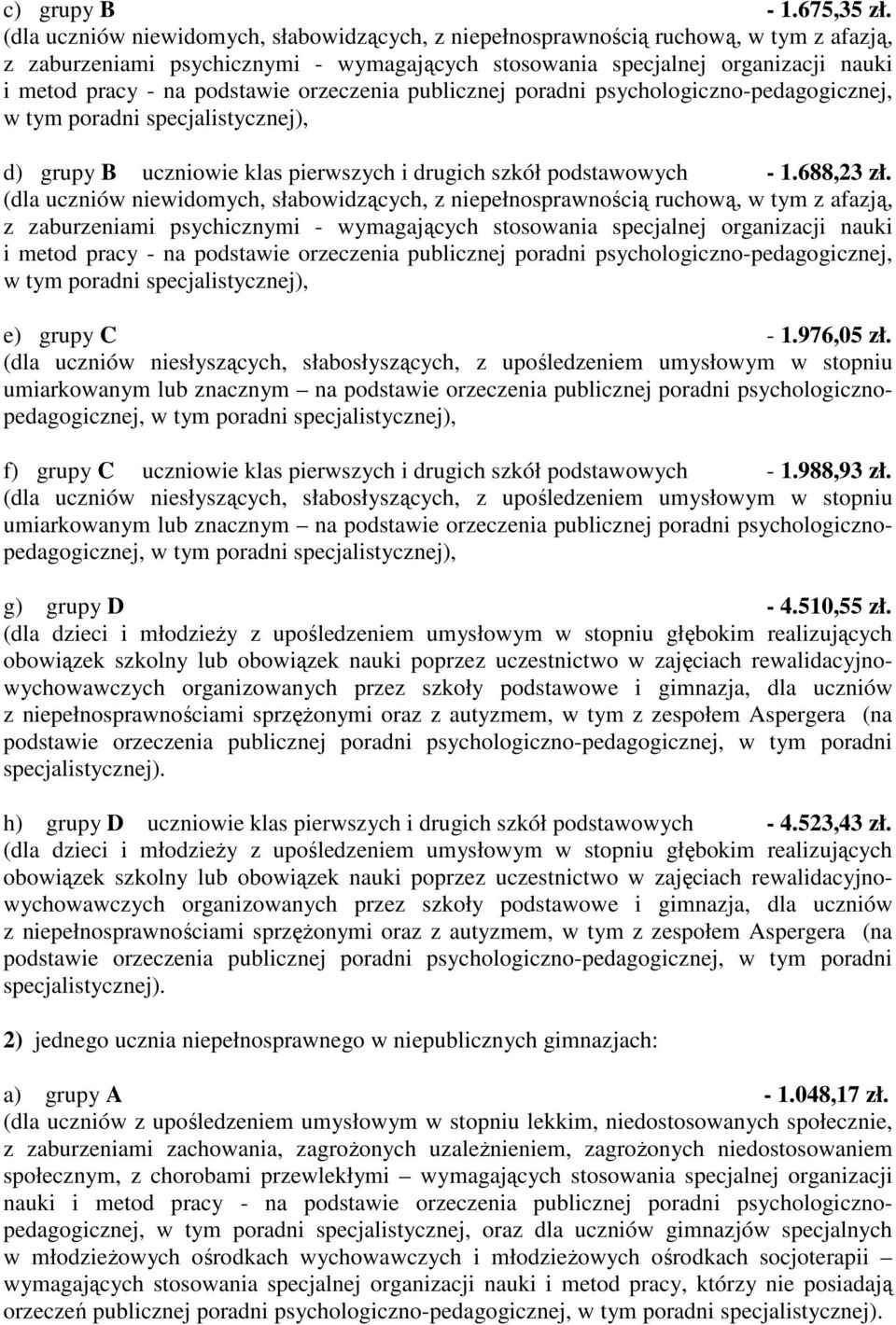 523,43 zł. 2) jednego ucznia niepełnosprawnego w niepublicznych gimnazjach: a) grupy A - 1.048,17 zł.