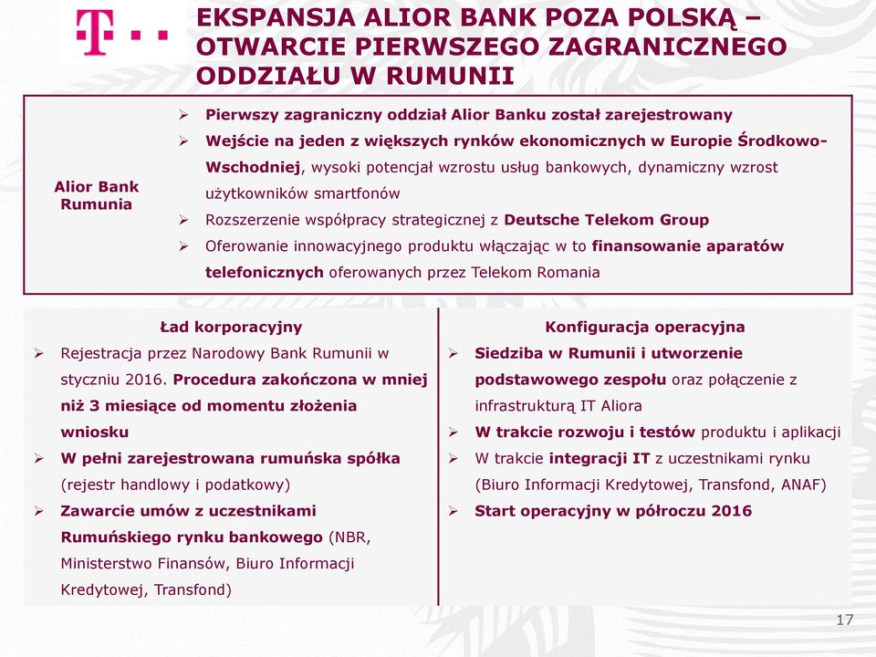 Oferowanie innowacyjnego produktu włączając w to finansowanie aparatów telefonicznych oferowanych przez Telekom Romania Ład korporacyjny Konfiguracja operacyjna Rejestracja przez Narodowy Bank