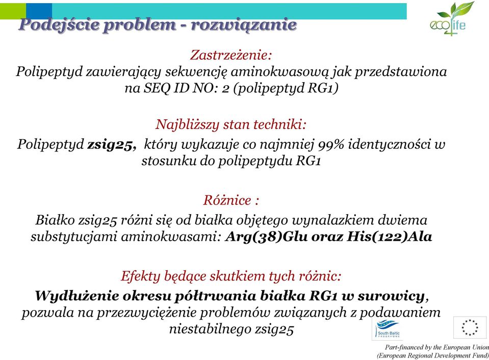 Białko zsig25 różni się od białka objętego wynalazkiem dwiema substytucjami aminokwasami: Arg(38)Glu oraz His(122)Ala Efekty będące