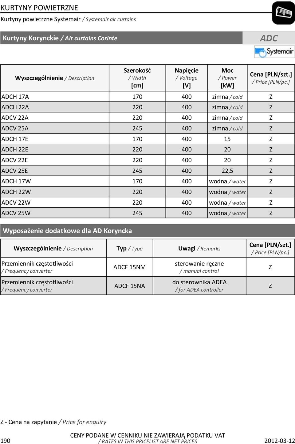 400 wodna / water Z ADCV 22W 220 400 wodna / water Z ADCV 25W 245 400 wodna / water Z Wyposażenie dodatkowe dla AD Koryncka Wyszczególnienie / Description Typ / Type Uwagi / Remarks Przemiennik