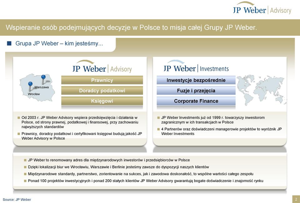 JP Weber Advisory wspiera przedsięwzięcia i działania w Polsce, od strony prawnej, podatkowej i finansowej, przy zachowaniu najwyższych standardów Prawnicy, doradcy podatkowi i certyfikowani księgowi