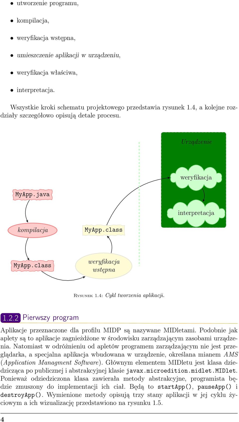 1.2.2 Pierwszy program Aplikacje przeznaczone dla profilu MIDP są nazywane MIDletami. Podobnie jak aplety są to aplikacje zagnieżdżone w środowisku zarządzającym zasobami urządzenia.