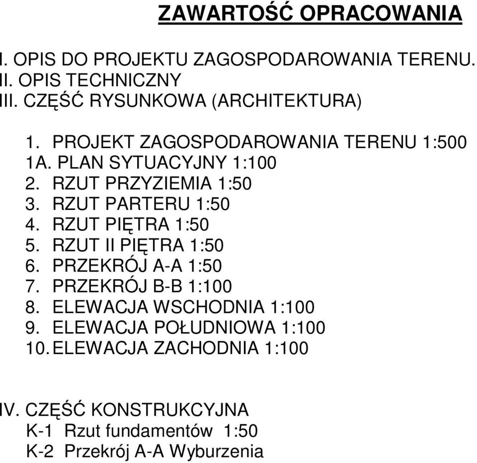 RZUT PRZYZIEMIA 1:50 3. RZUT PARTERU 1:50 4. RZUT PIĘTRA 1:50 5. RZUT II PIĘTRA 1:50 6. PRZEKRÓJ A-A 1:50 7.