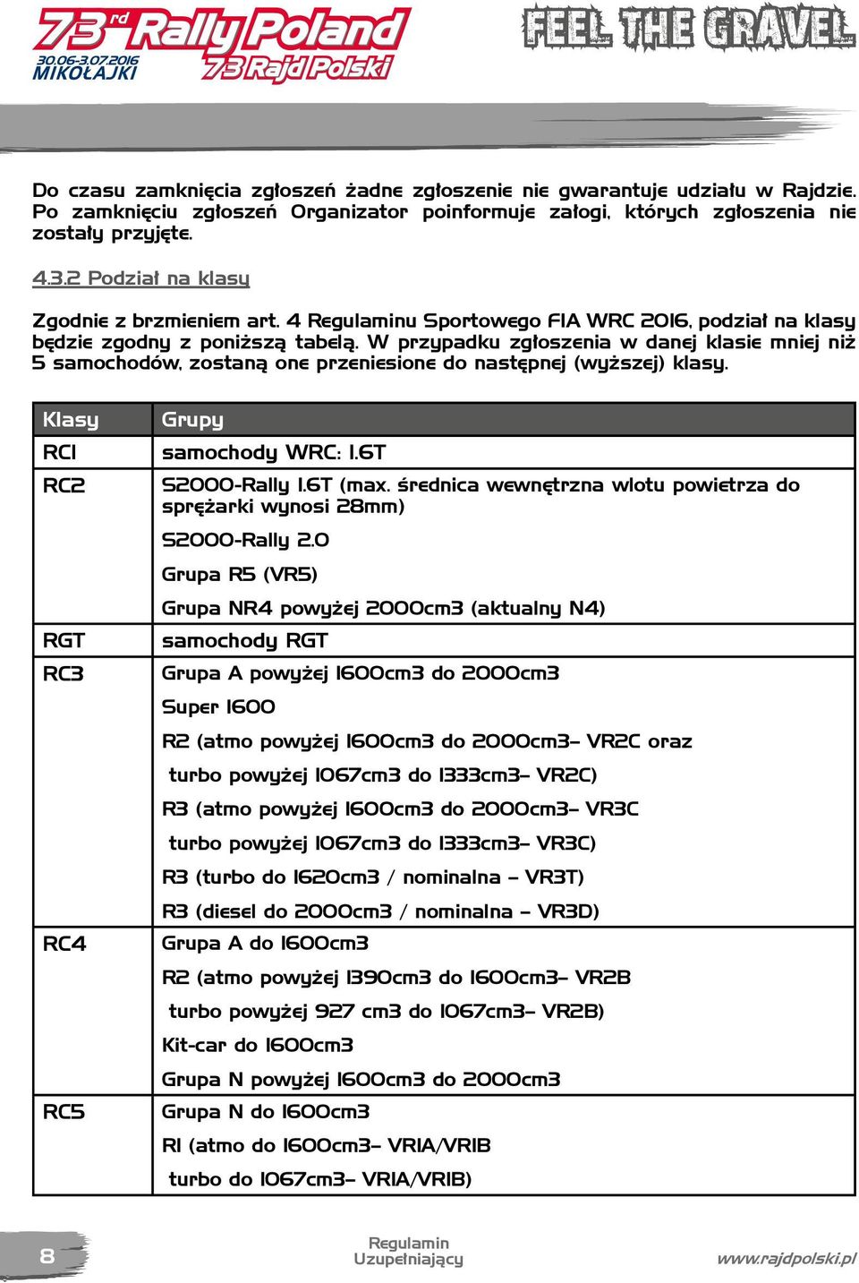W przypadku zgłoszenia w danej klasie mniej niż 5 samochodów, zostaną one przeniesione do następnej (wyższej) klasy. Klasy Grupy RC1 samochody WRC: 1.6T RC2 RGT RC3 RC4 RC5 S2000-Rally 1.6T (max.