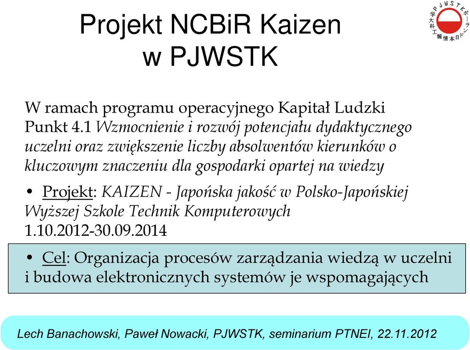 znaczeniu dla gospodarki opartej na wiedzy Projekt: KAIZEN - Japońska jakość w Polsko-Japońskiej Wyższej Szkole