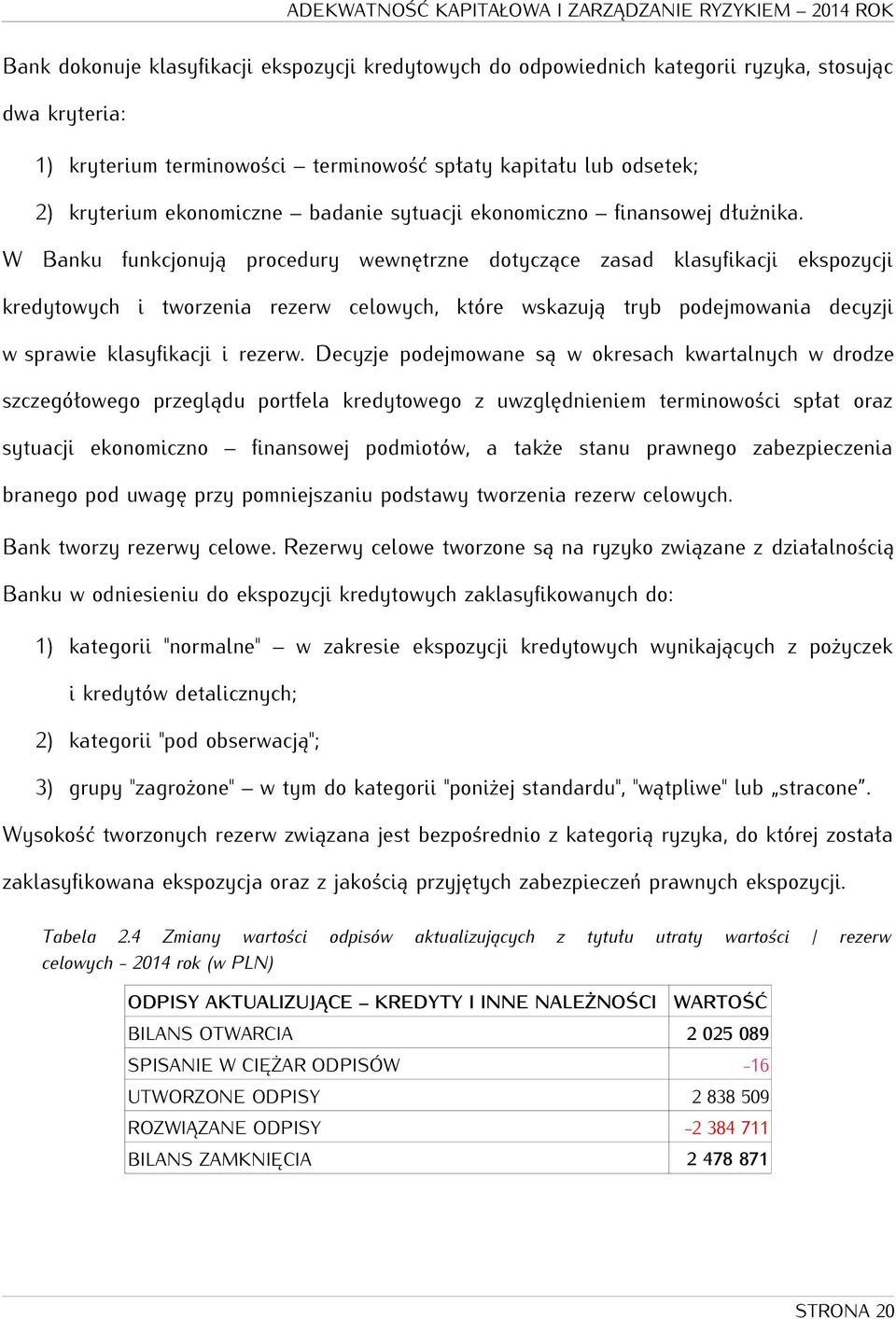 W Banku funkcjonują procedury wewnętrzne dotyczące zasad klasyfikacji ekspozycji kredytowych i tworzenia rezerw celowych, które wskazują tryb podejmowania decyzji w sprawie klasyfikacji i rezerw.