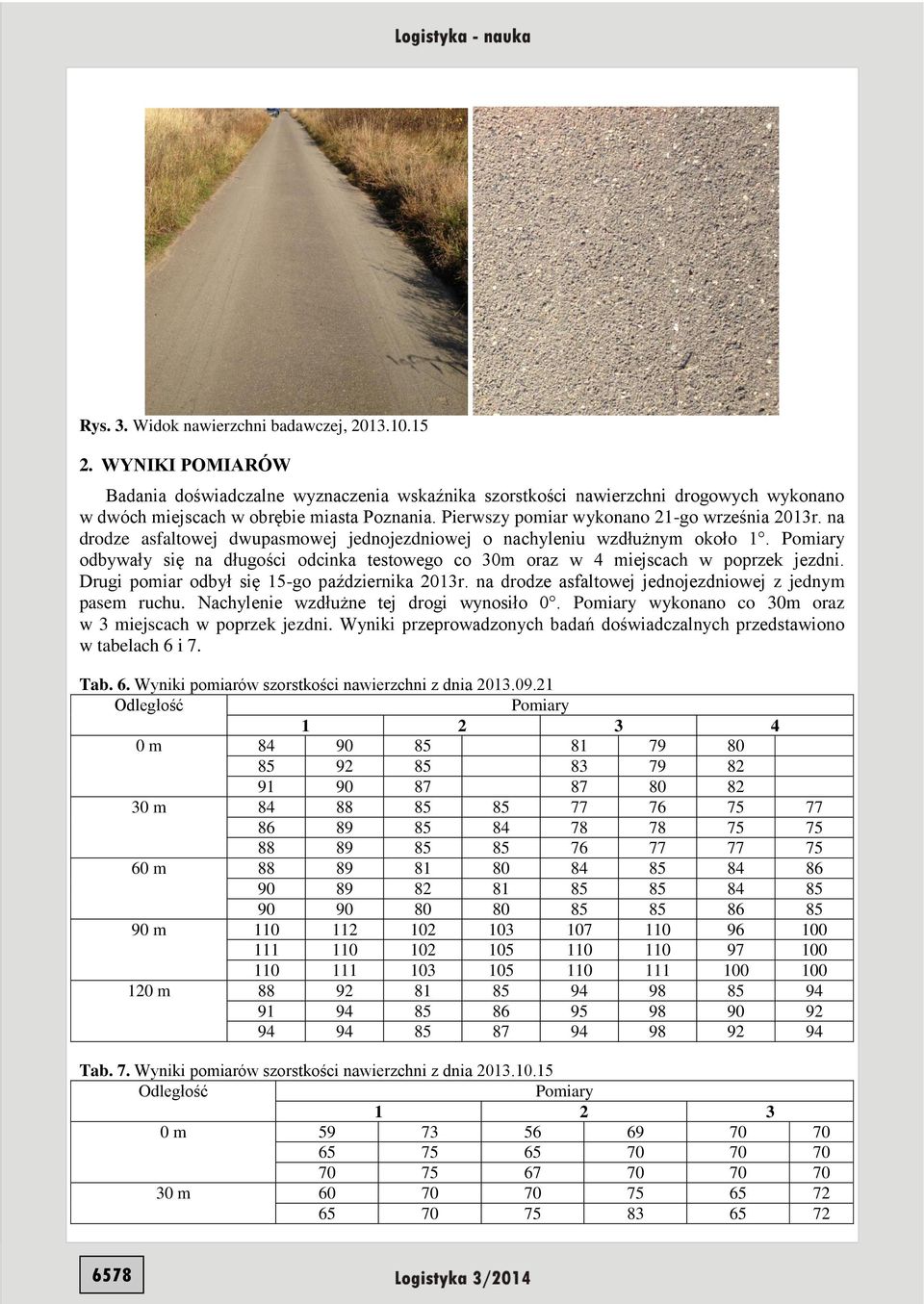 Pomiary odbywały się na długości odcinka testowego co 30m oraz w 4 miejscach w poprzek jezdni. Drugi pomiar odbył się 15-go października 2013r.