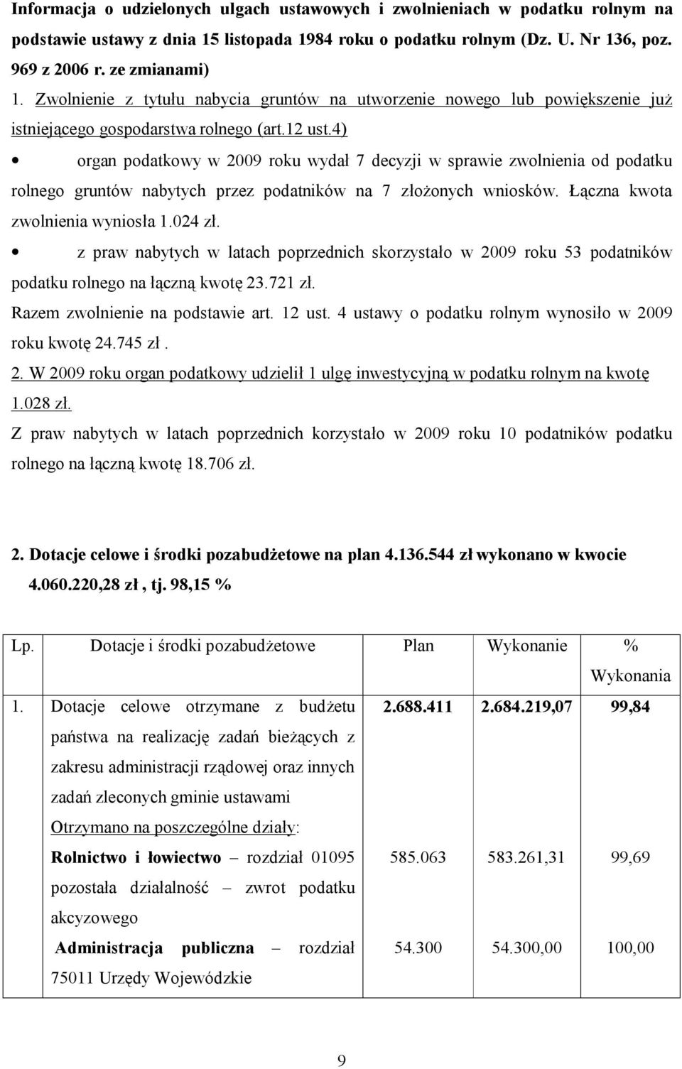4) organ podatkowy w 2009 roku wydał 7 decyzji w sprawie zwolnienia od podatku rolnego gruntów nabytych przez podatników na 7 złożonych wniosków. Łączna kwota zwolnienia wyniosła 1.024 zł.