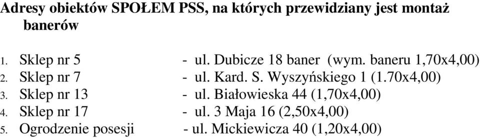 S. Wyszyńskiego 1 (1.70x4,00) 3. Sklep nr 13 - ul. Białowieska 44 (1,70x4,00) 4.