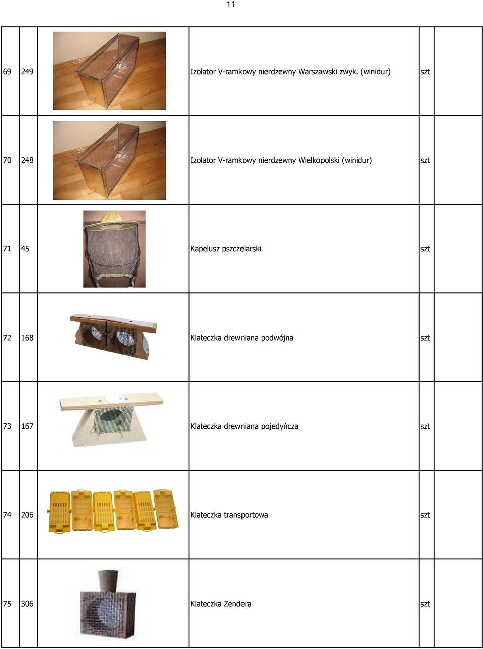 71 45 Kapelusz pszczelarski szt 72 168 Klateczka drewniana podwójna szt 73