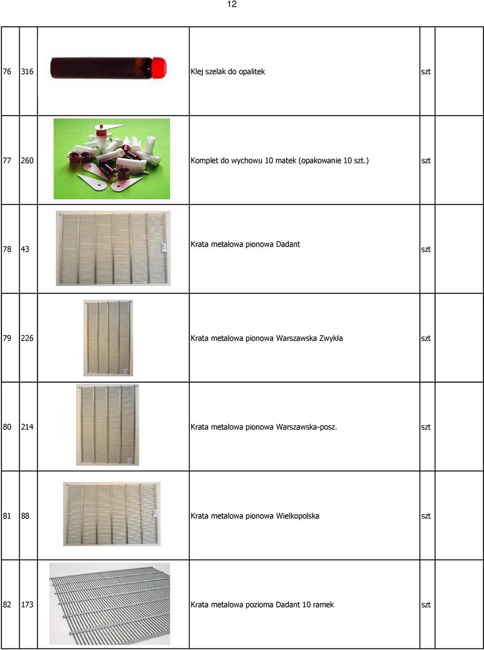 ) szt 78 43 Krata metalowa pionowa Dadant szt 79 226 Krata metalowa pionowa