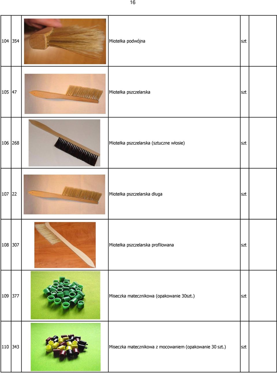 szt 108 307 Miotełka pszczelarska profilowana szt 109 377 Miseczka matecznikowa