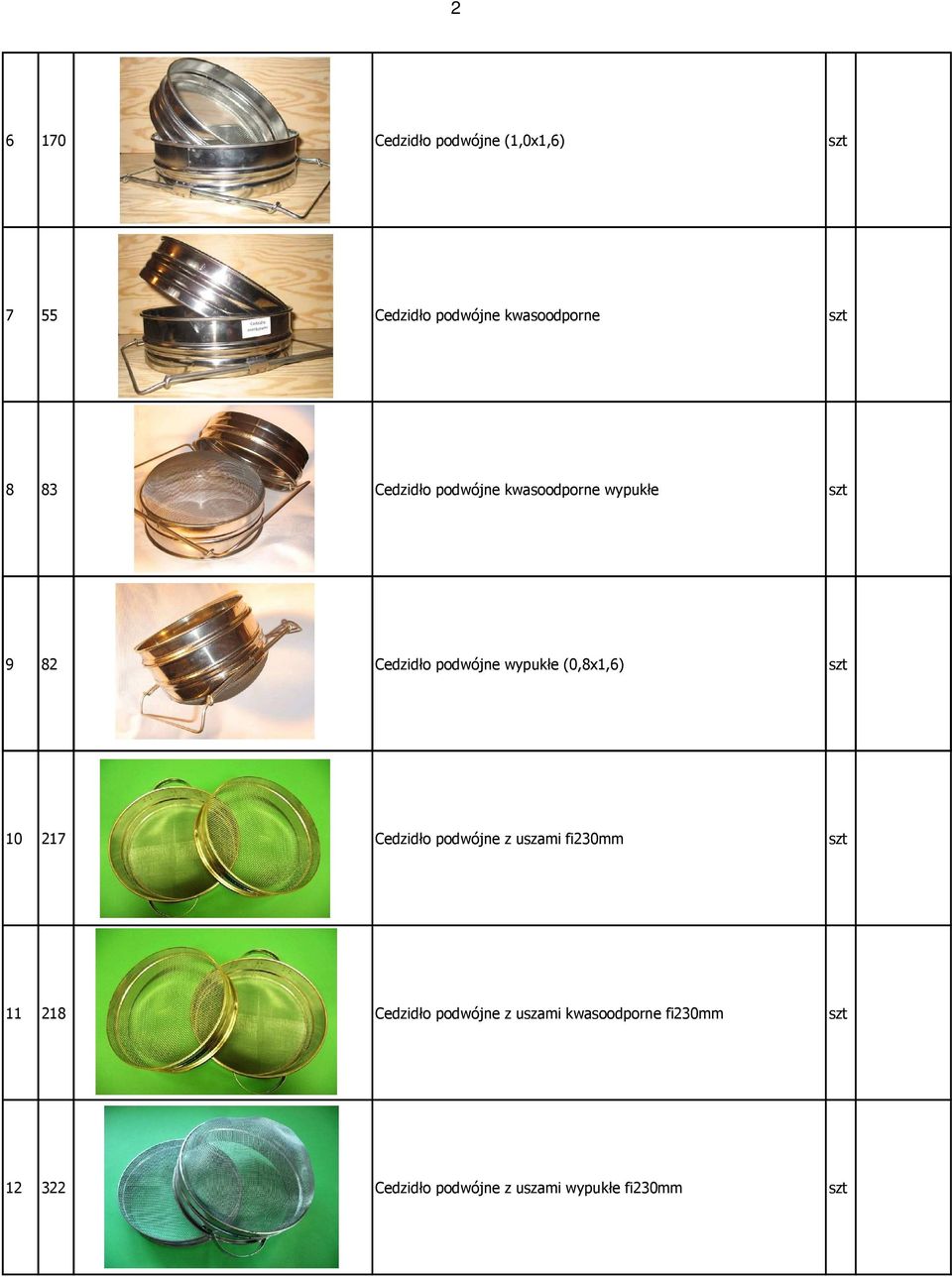 (0,8x1,6) szt 10 217 Cedzidło podwójne z uszami fi230mm szt 11 218 Cedzidło