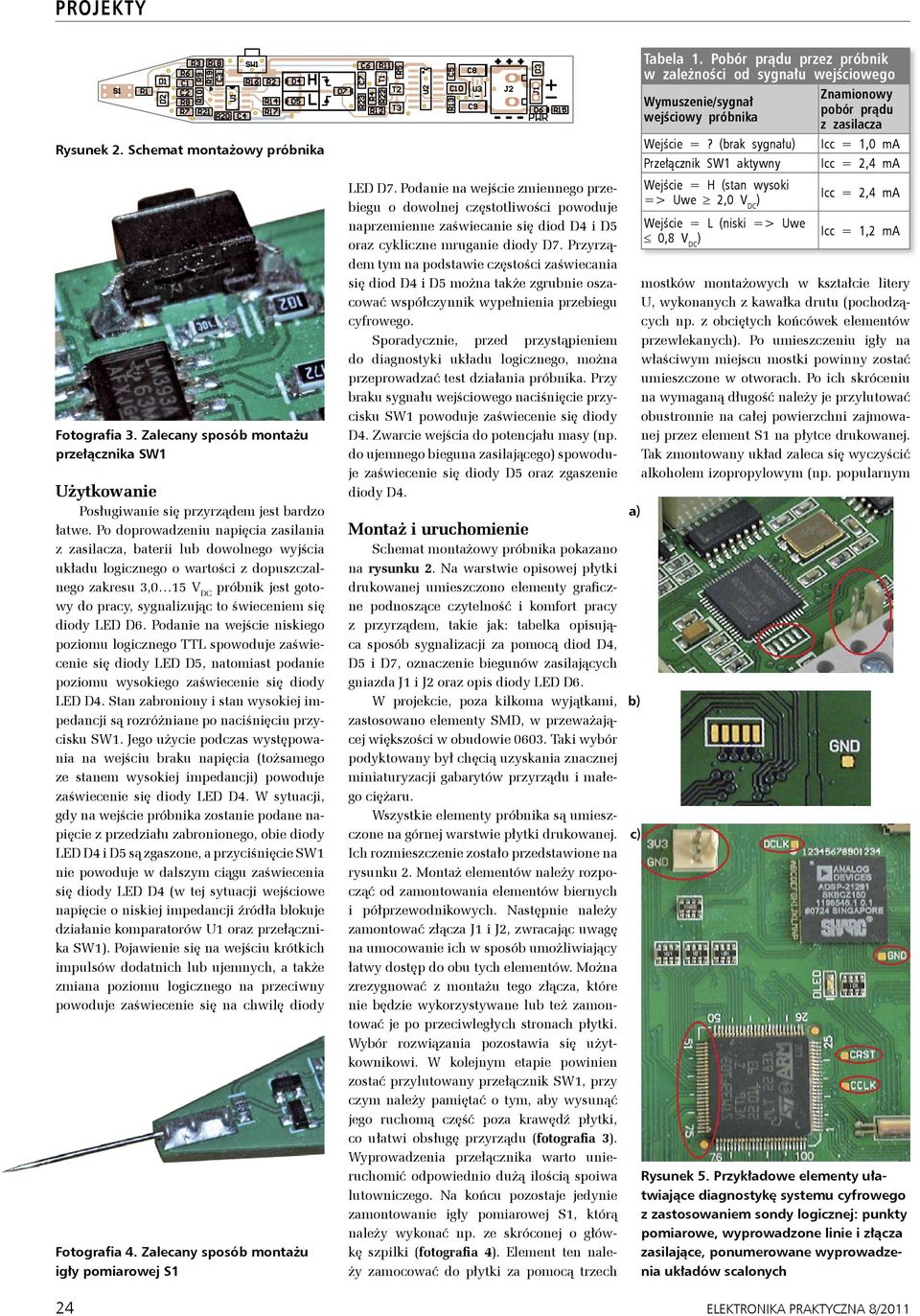 świeceniem się diody LED D6. Podanie na wejście niskiego poziomu logicznego TTL spowoduje zaświecenie się diody LED D5, natomiast podanie poziomu wysokiego zaświecenie się diody LED D4.