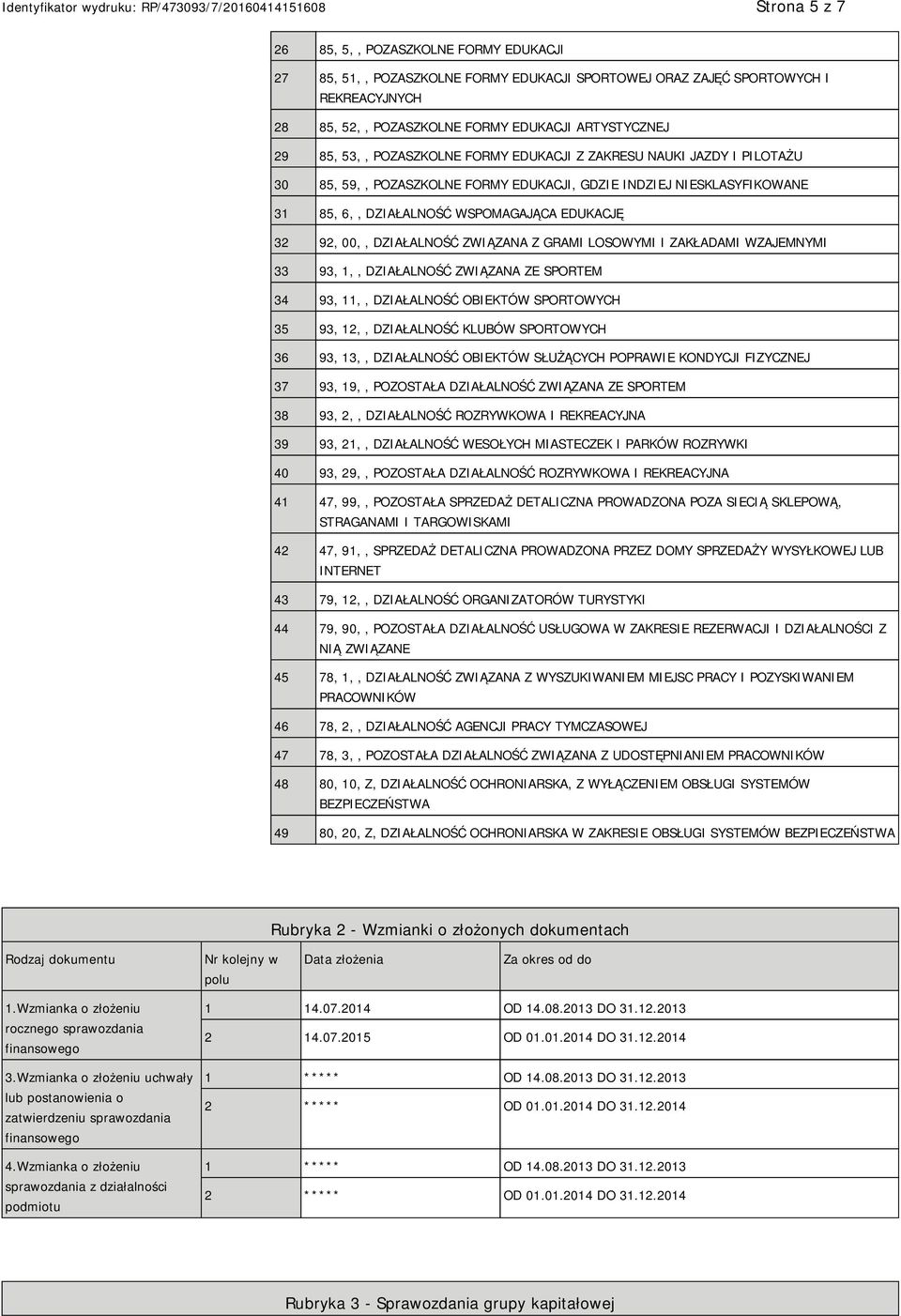 DZIAŁALNOŚĆ ZWIĄZANA Z GRAMI LOSOWYMI I ZAKŁADAMI WZAJEMNYMI 33 93, 1,, DZIAŁALNOŚĆ ZWIĄZANA ZE SPORTEM 34 93, 11,, DZIAŁALNOŚĆ OBIEKTÓW SPORTOWYCH 35 93, 12,, DZIAŁALNOŚĆ KLUBÓW SPORTOWYCH 36 93,